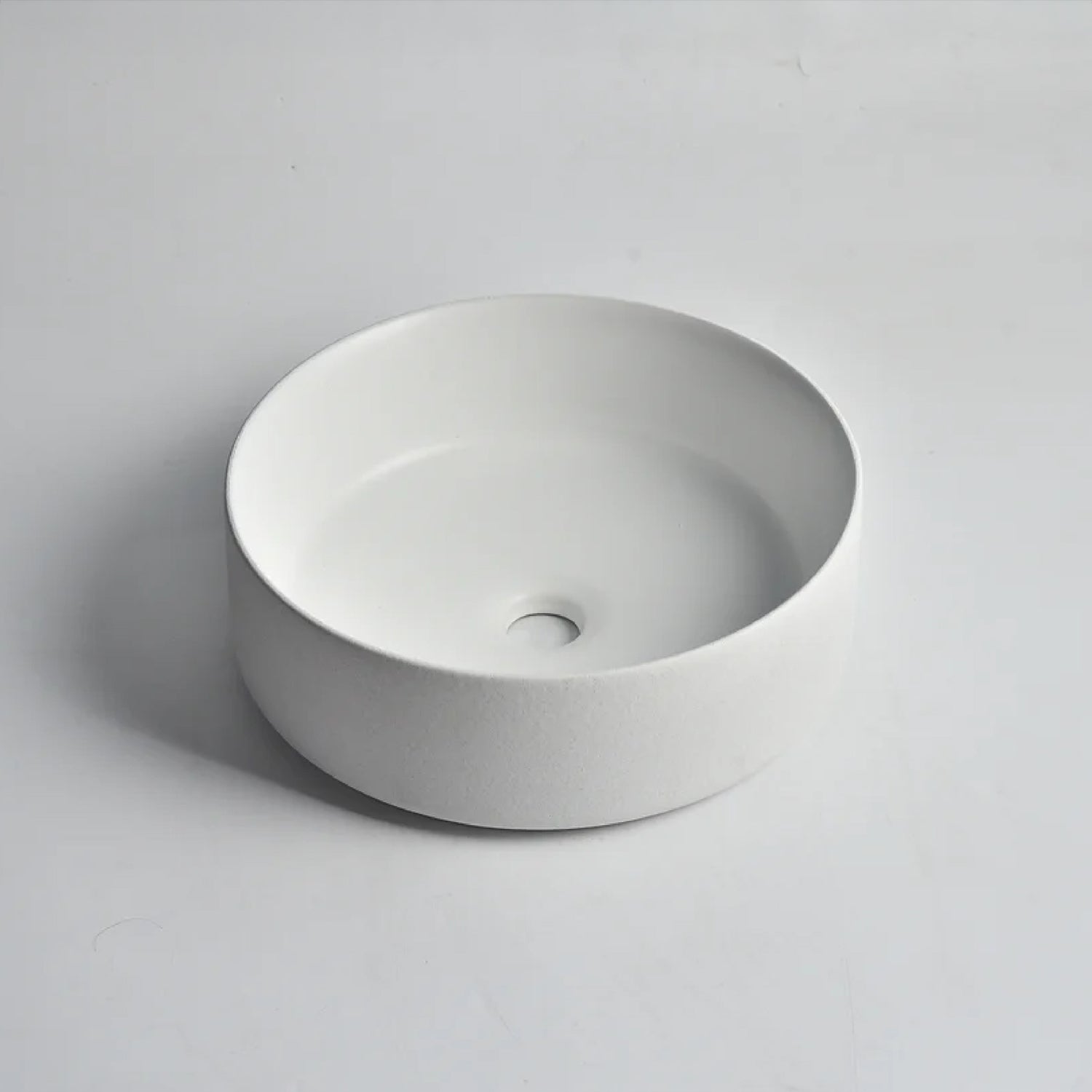 CLAYA Luna-36 above counter basin in textured matte white ceramic. 360mm round basin for modern and compact bathroom spaces.-Basin Sink-Ezymall AU