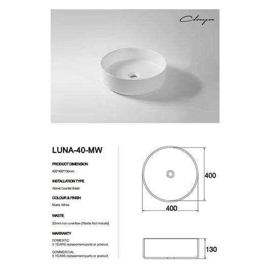 CLAYA luna 40 405mm above counter round basin matte white – view 2