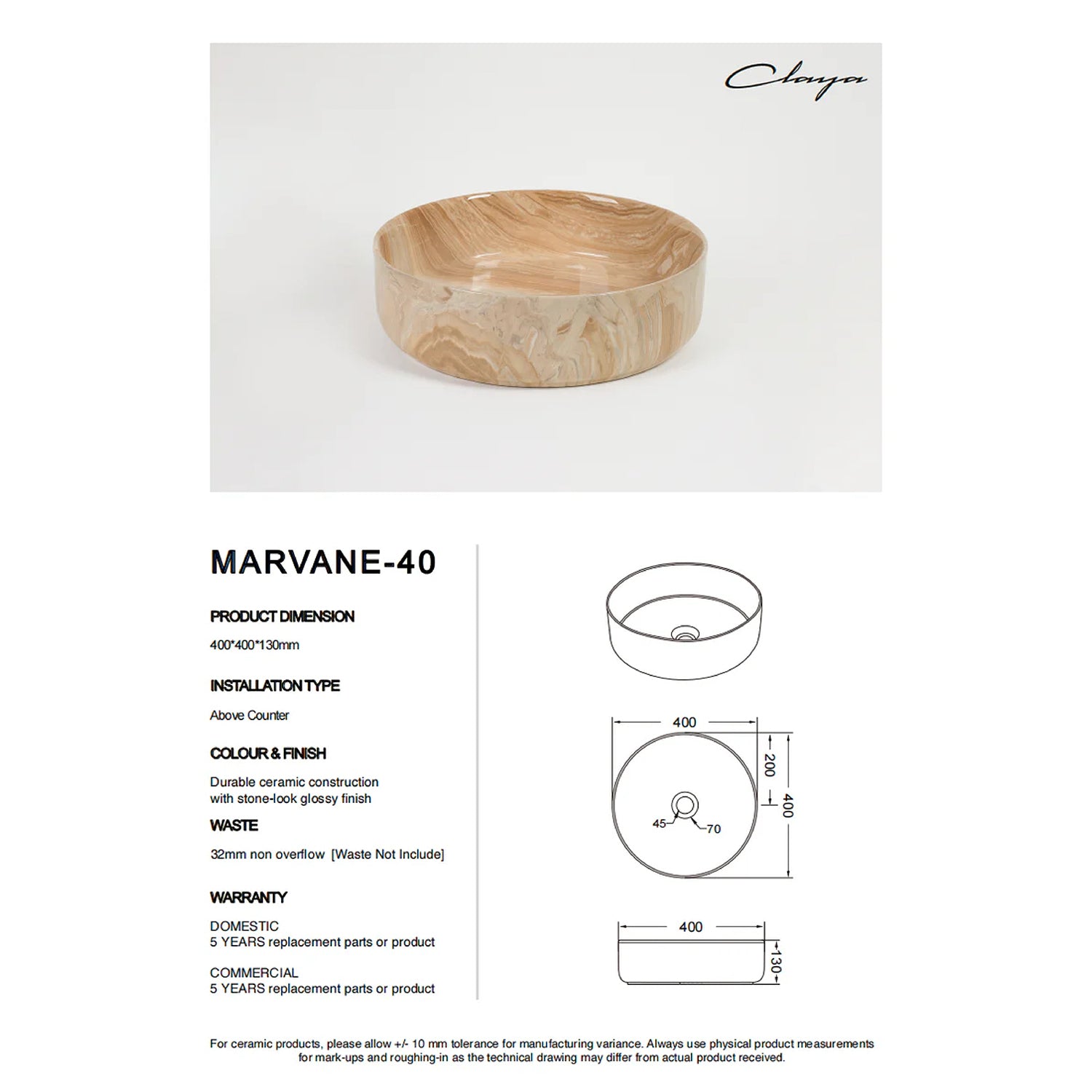 CLAYA Marvane-40 above counter basin with gloss stone marble look finish. 400mm round ceramic basin for modern bathroom vanities.-Basin Sink-Ezymall AU