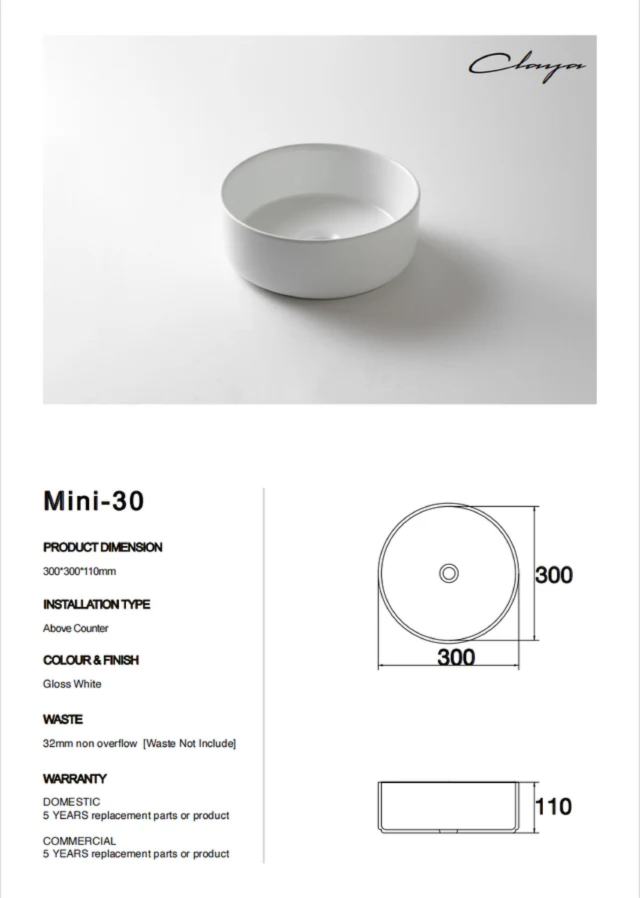 CLAYA Mini-30 above counter basin in gloss white ceramic. 300mm compact round basin ideal for small bathrooms and powder rooms.-Basin Sink-Ezymall AU