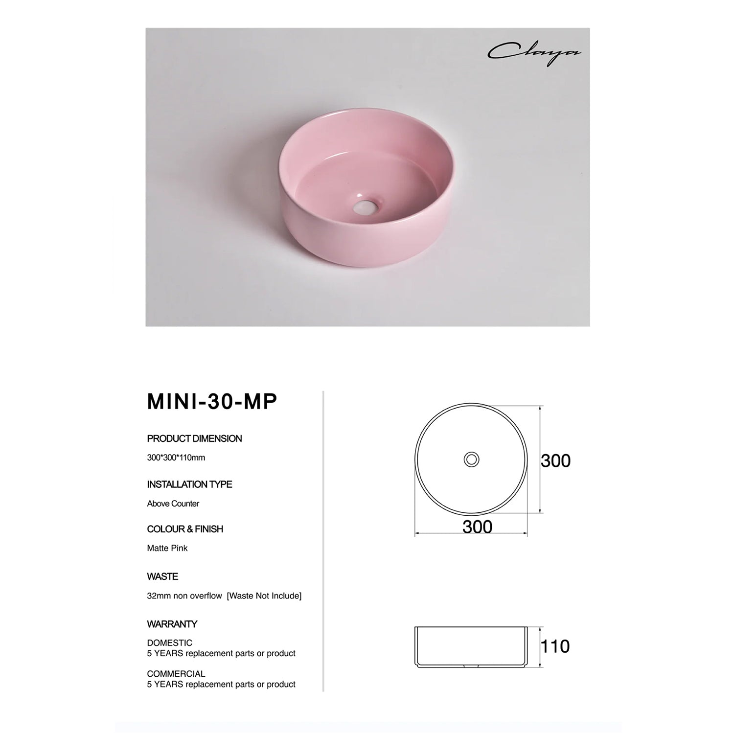 CLAYA Mini-30 above counter basin in matte pink ceramic. 300mm compact round basin ideal for small bathrooms and powder rooms.-Basin Sink-Ezymall AU
