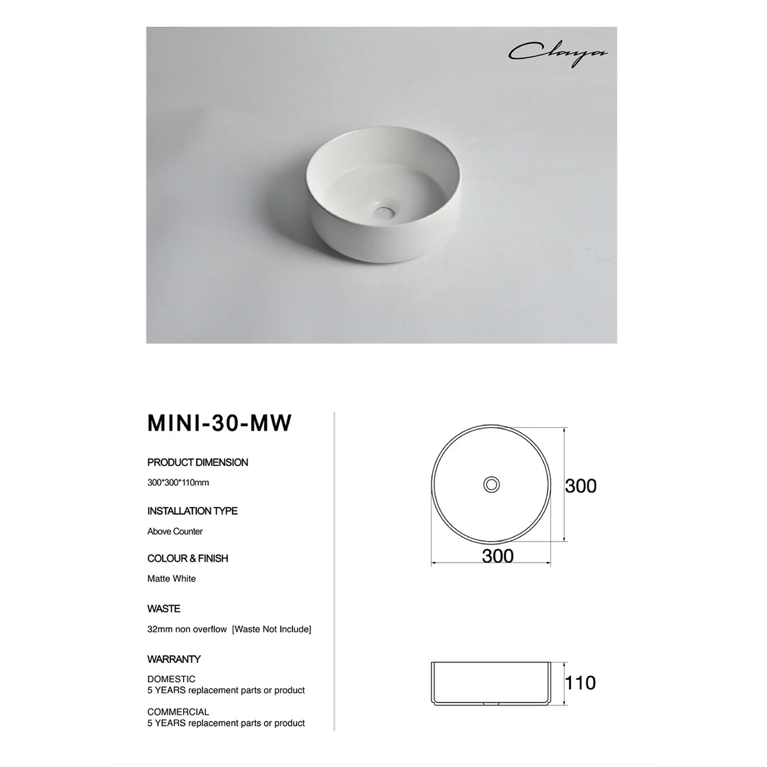 CLAYA Mini-30 above counter basin in matte white ceramic. 300mm compact round basin ideal for small bathrooms and powder rooms.-Basin Sink-Ezymall AU