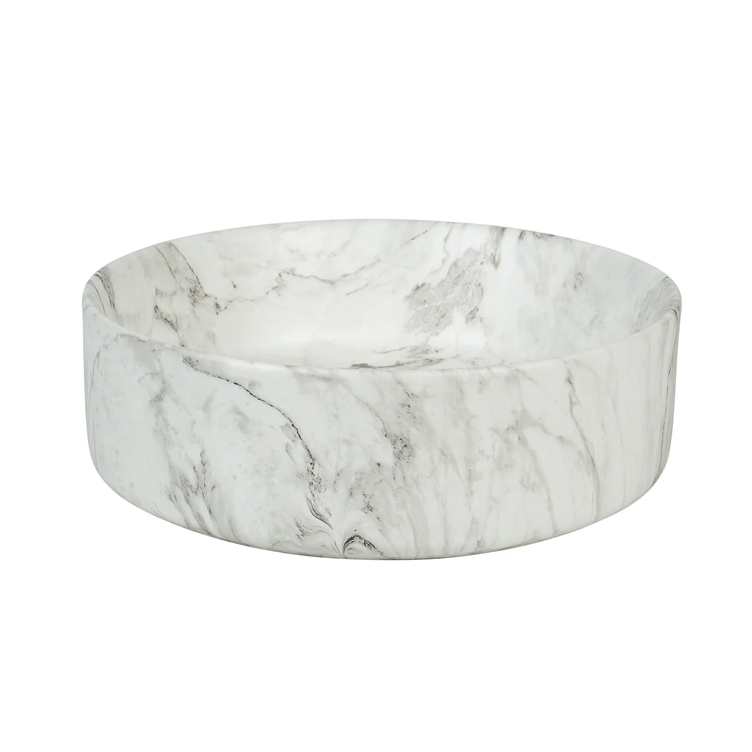 CLAYA Mira 40 above counter basin in matte white Carrara marble look. 400mm round ceramic basin with non-overflow design for modern bathrooms.-Basin Sink-Ezymall AU