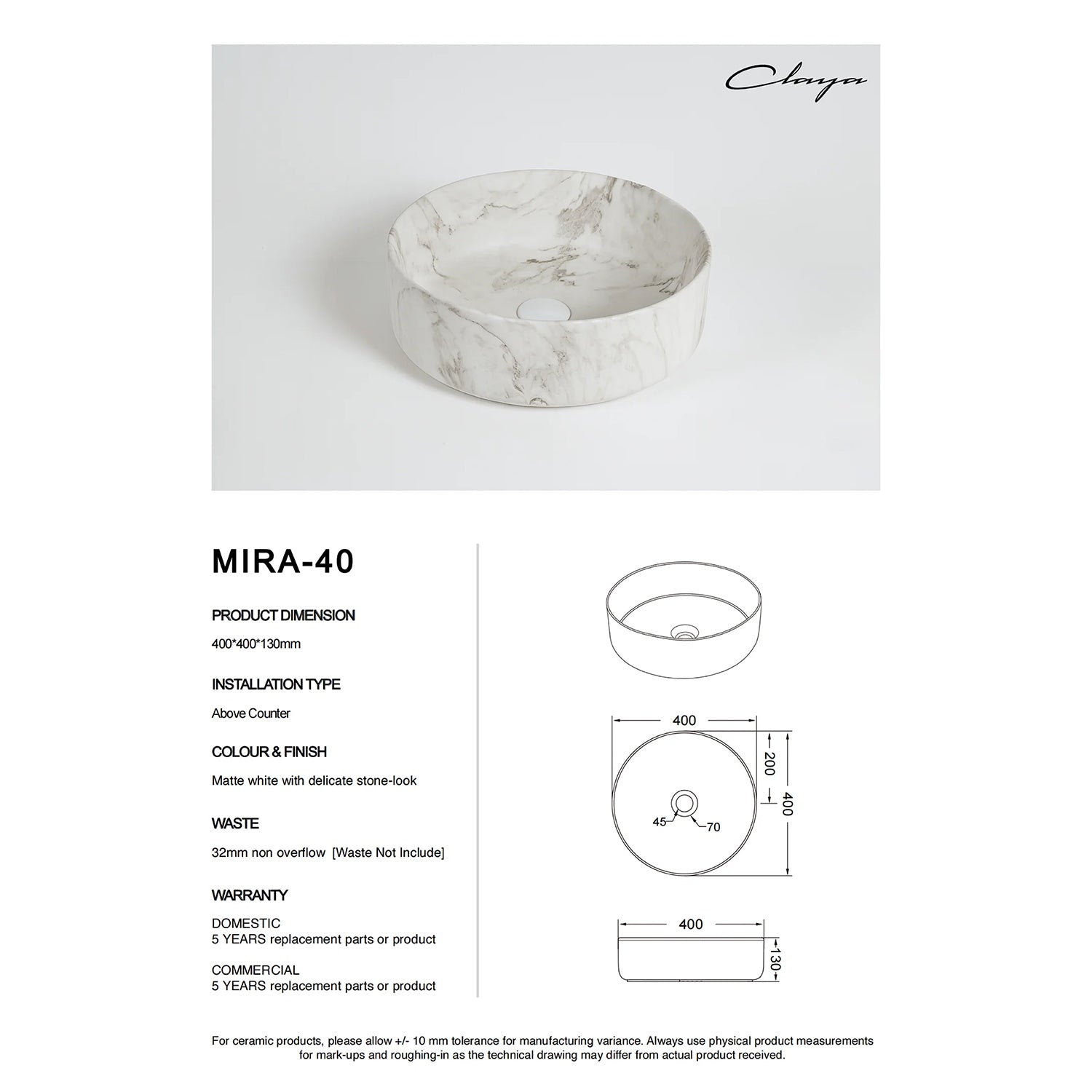 CLAYA Mira 40 above counter basin in matte white Carrara marble look. 400mm round ceramic basin with non-overflow design for modern bathrooms.-Basin Sink-Ezymall AU