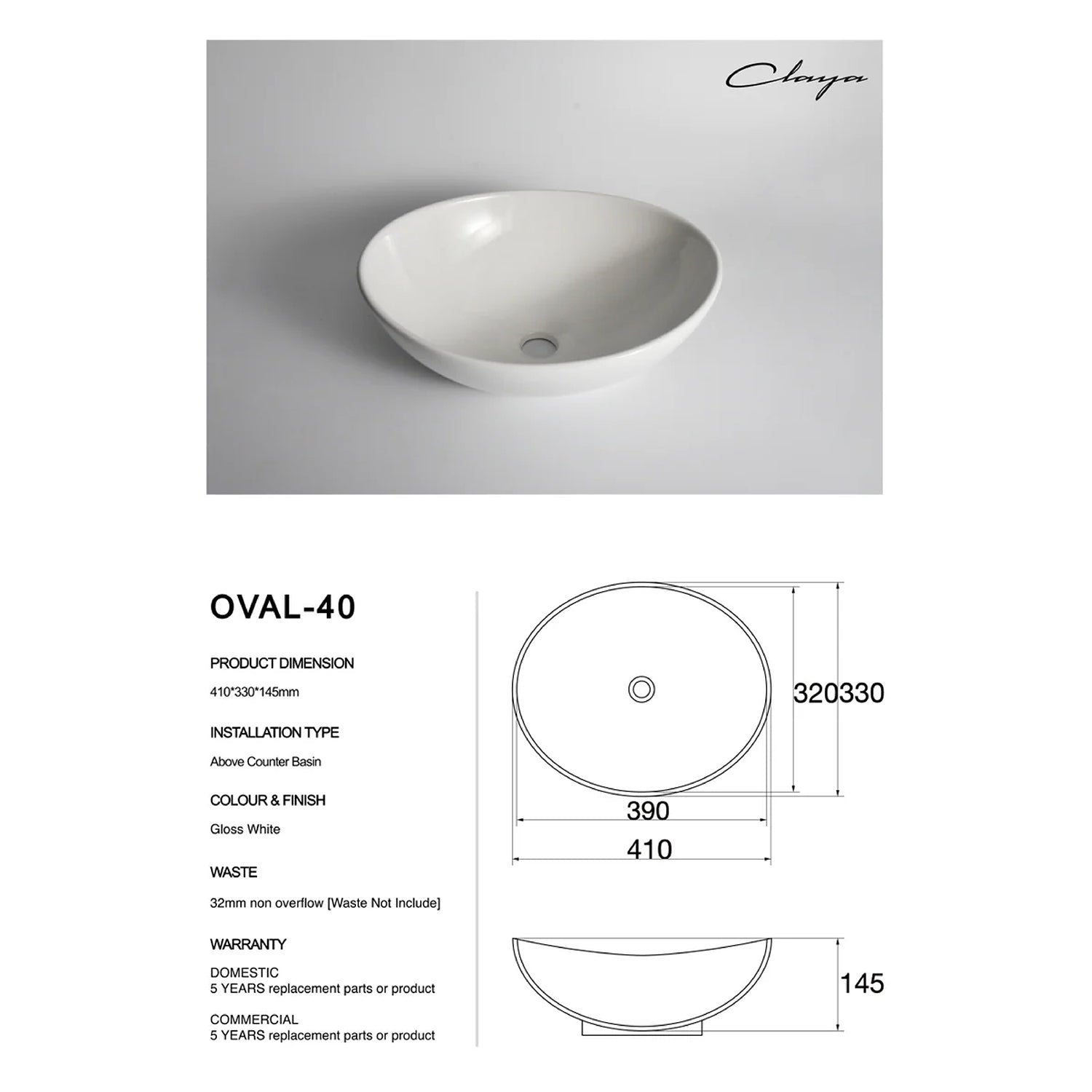 CLAYA Oval-40 above counter basin in gloss white ceramic. 410mm oval basin with non-overflow waste, ideal for modern bathroom vanities.-Basin Sink-Ezymall AU