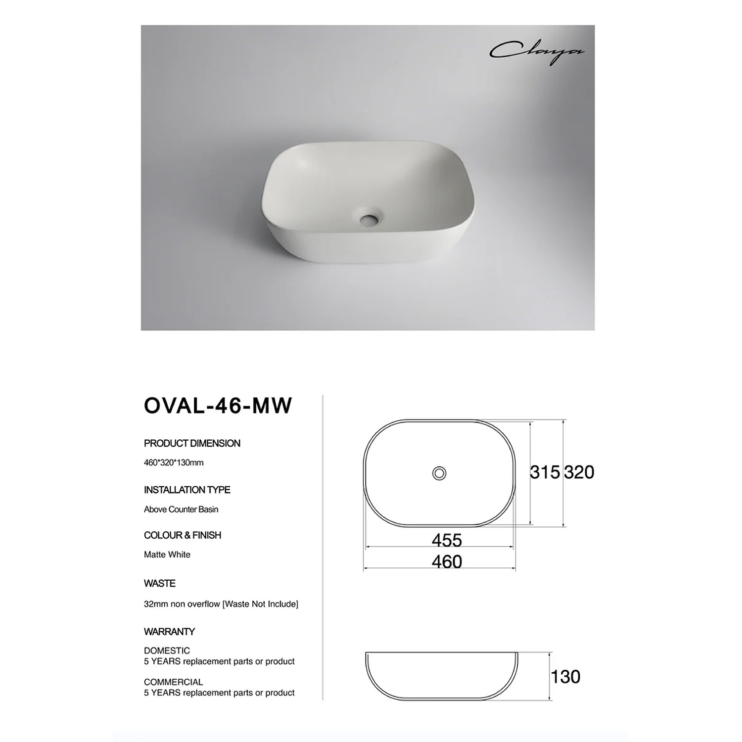 CLAYA Oval-46 above counter basin in matte white ceramic. 460mm oval basin with non-overflow waste, ideal for modern bathroom vanities.-Basin Sink-Ezymall AU