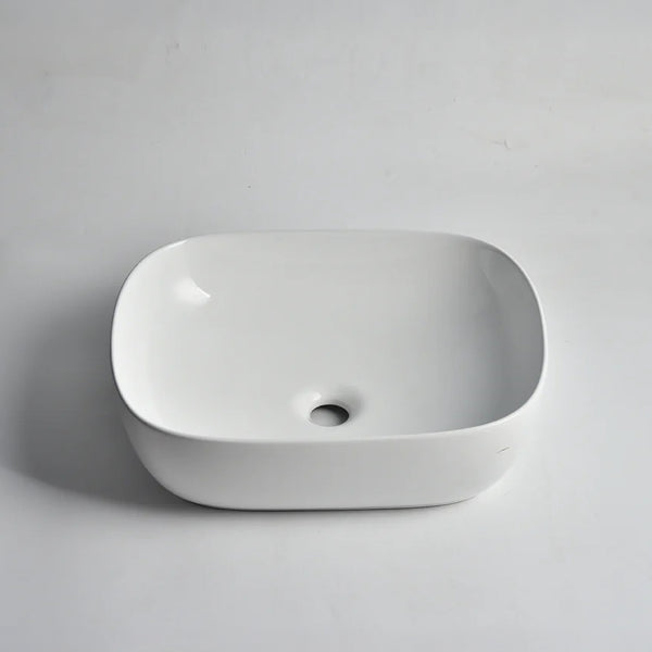 CLAYA Oval-48 above counter basin in gloss white ceramic. 485mm oval basin with non-overflow waste for modern bathroom vanities.-Basin Sink-Ezymall AU