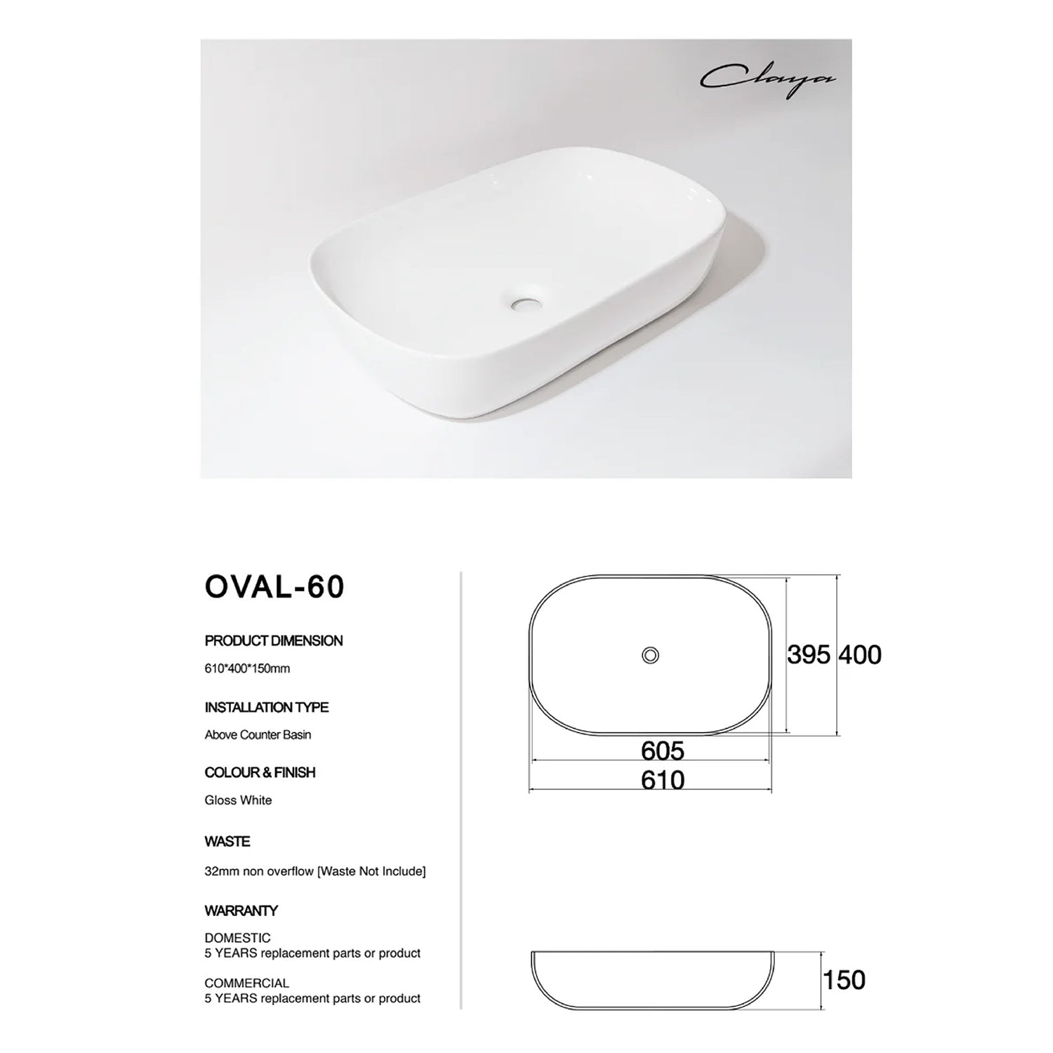 CLAYA Oval-60 above counter basin in gloss white ceramic. Large 610mm oval basin with non-overflow waste for modern bathroom vanities.-Basin Sink-Ezymall AU