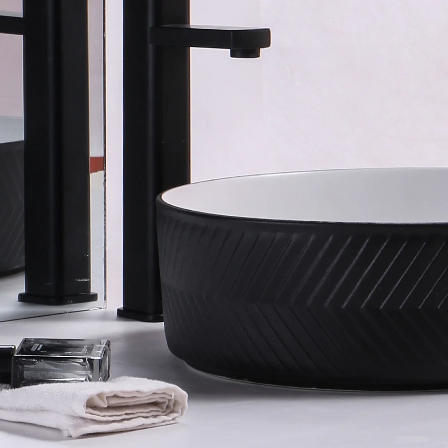 CLAYA P-Arrow-36 above counter basin with textured matte black finish. 360mm round ceramic basin for modern bathroom spaces.-Basin Sink-Ezymall AU