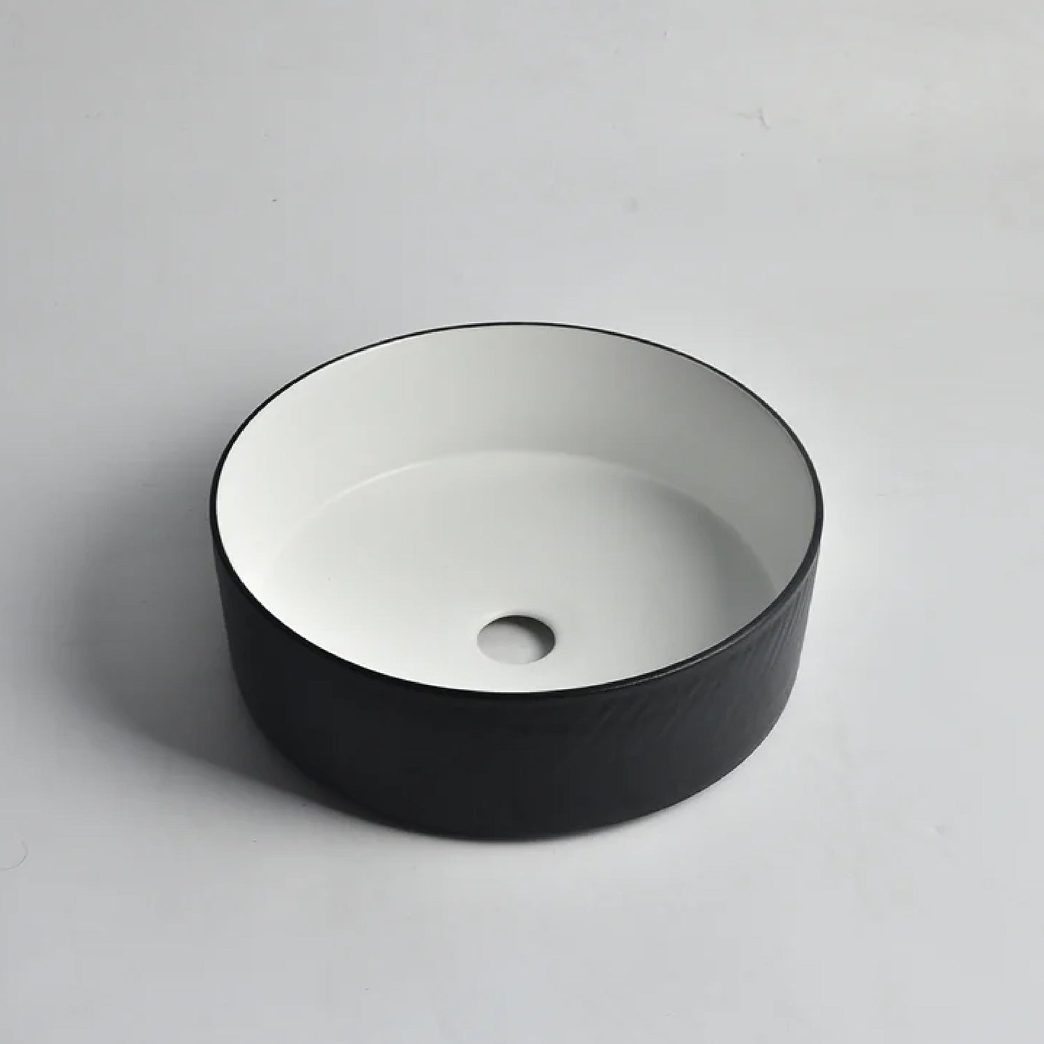 CLAYA P-Arrow-36 above counter basin with textured matte black finish. 360mm round ceramic basin for modern bathroom spaces.-Basin Sink-Ezymall AU