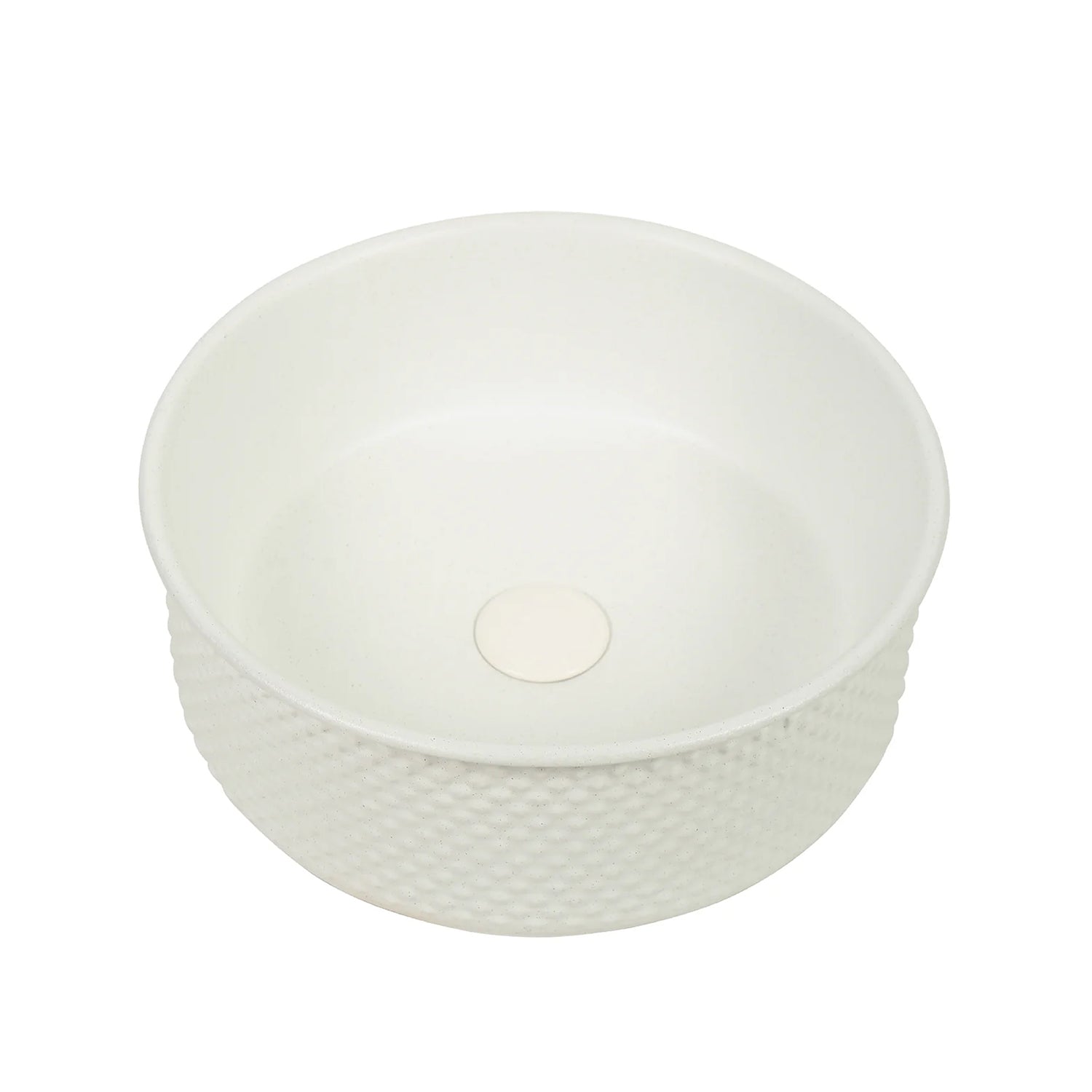 CLAYA P-Tessina 38 above counter basin with textured matte white finish. 385mm round ceramic basin for modern bathroom spaces.-Basin Sink-Ezymall AU