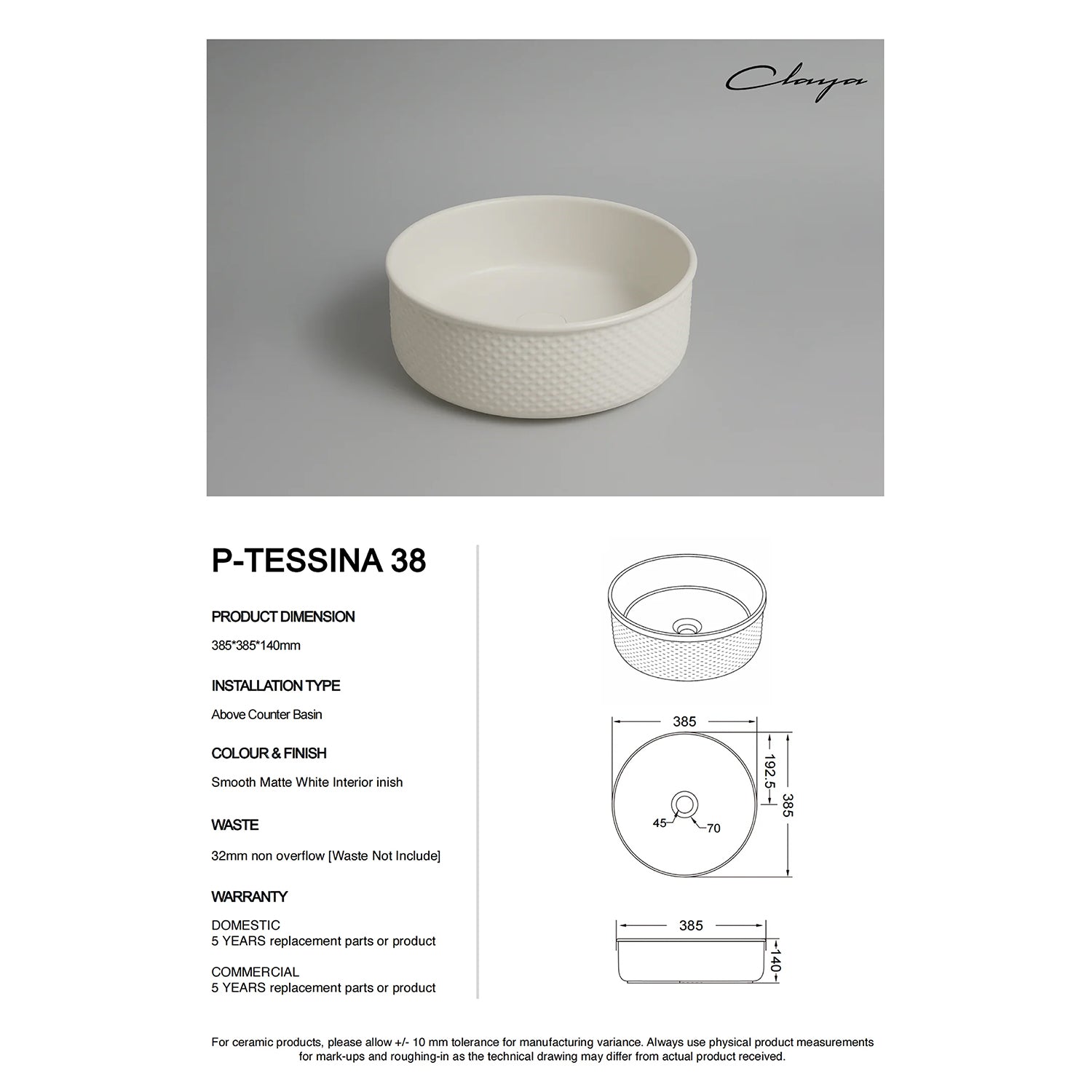 CLAYA P-Tessina 38 above counter basin with textured matte white finish. 385mm round ceramic basin for modern bathroom spaces.-Basin Sink-Ezymall AU