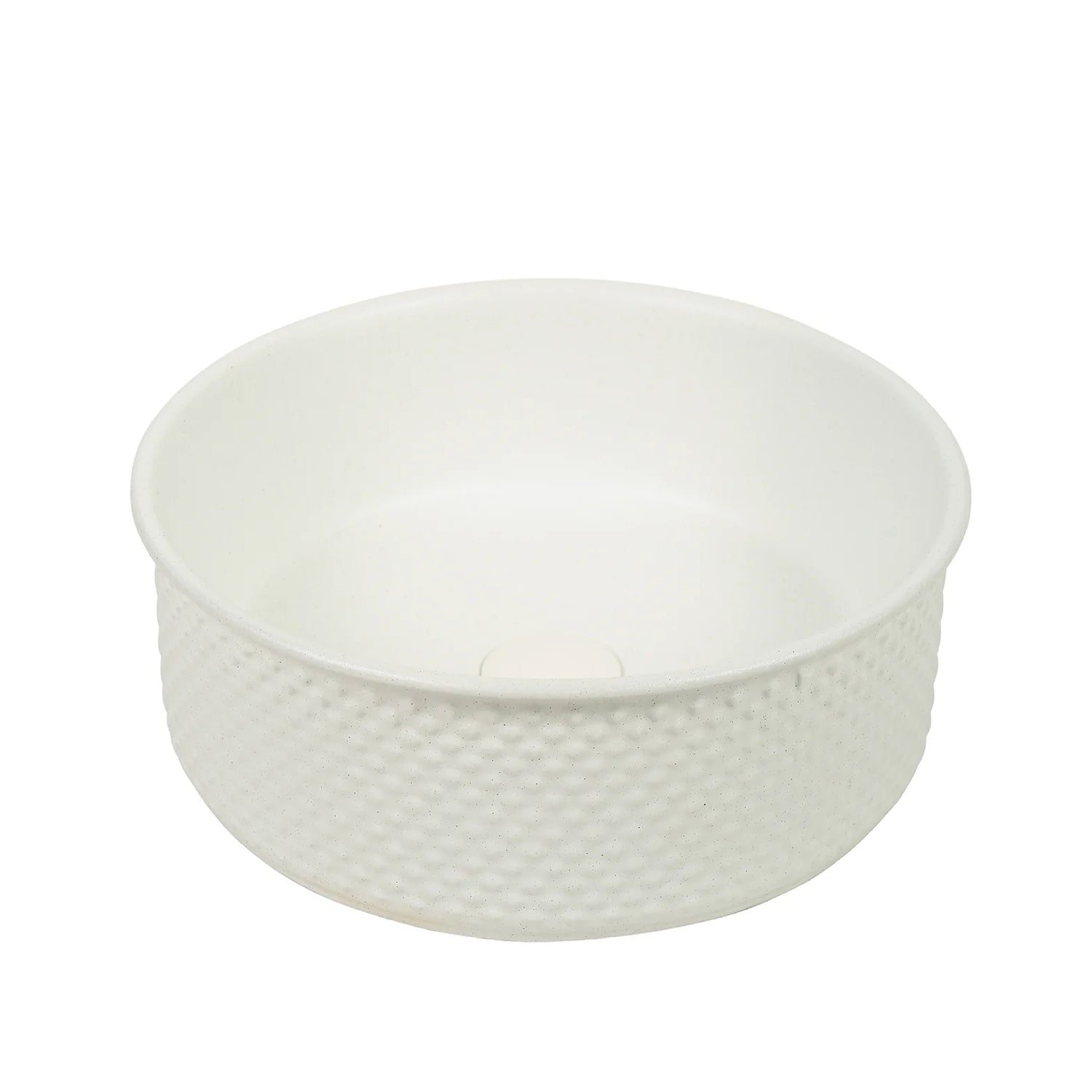 CLAYA P-Tessina 38 above counter basin with textured matte white finish. 385mm round ceramic basin for modern bathroom spaces.-Basin Sink-Ezymall AU