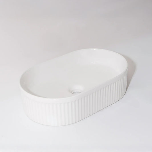 CLAYA pill 49 fluted ceramic 490mm above counter basin gloss white