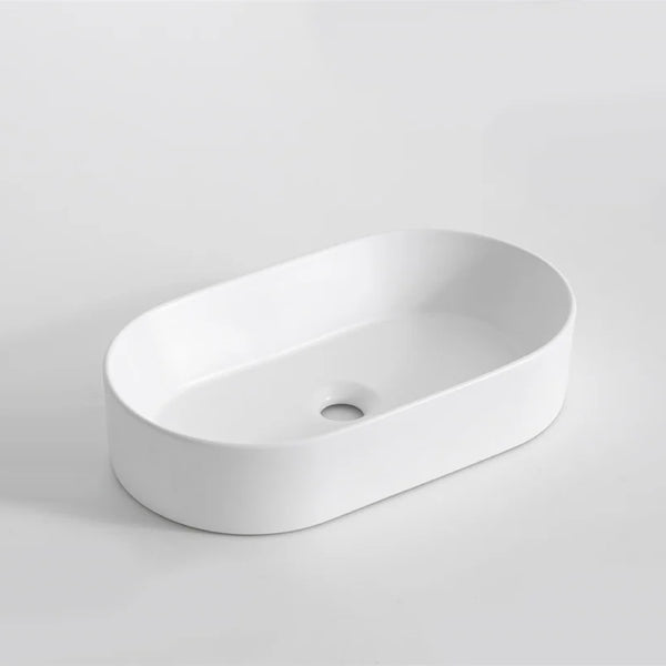 CLAYA Pill-52 above counter basin in gloss white ceramic. Slim 525mm oval basin with non-overflow waste for modern bathroom vanities.-Basin Sink-Ezymall AU