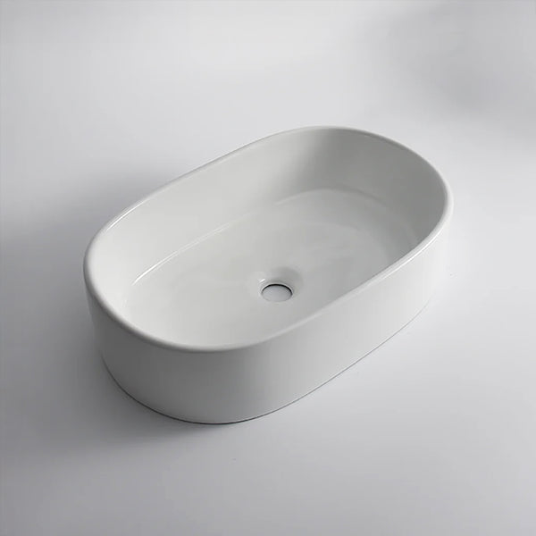 CLAYA Pill-56 above counter basin in gloss white ceramic. 560mm oval basin with non-overflow waste for modern bathroom vanities.-Basin Sink-Ezymall AU