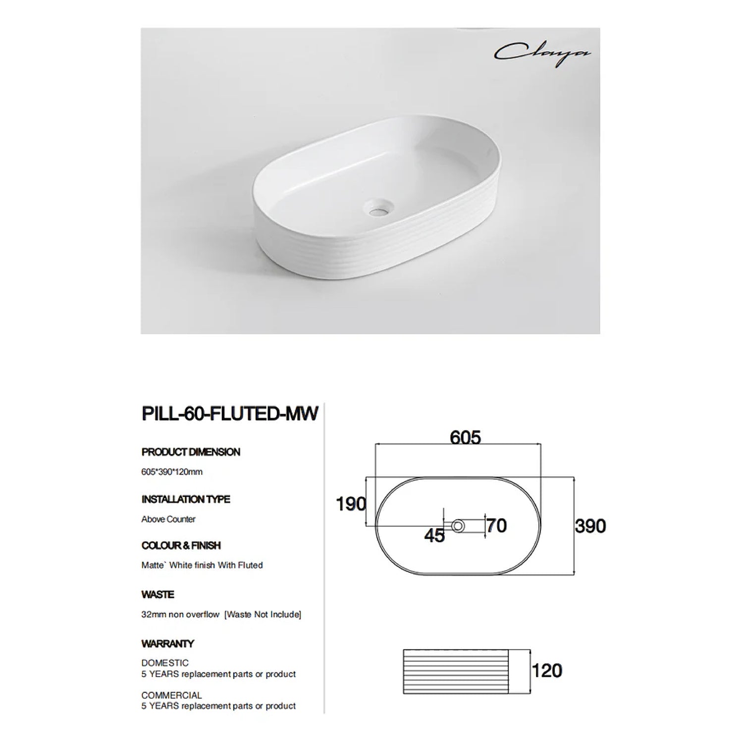 CLAYA Pill-60 fluted above counter basin in matte white ceramic. 605mm oval basin with non-overflow waste for modern bathroom vanities.-Basin Sink-Ezymall AU