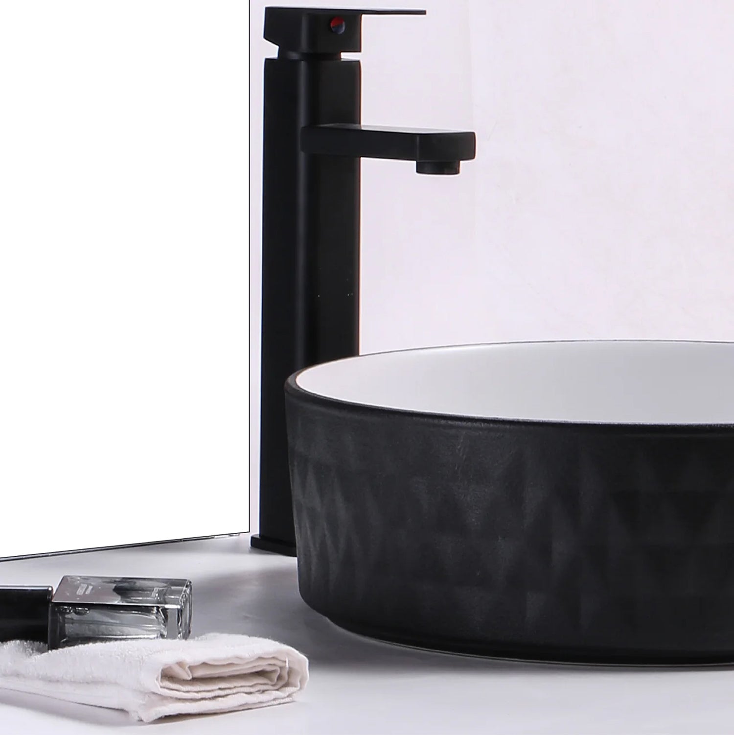 CLAYA Polar-36 diamond textured basin with matte black finish. 360mm round ceramic basin for modern bathroom spaces.-Basin Sink-Ezymall AU