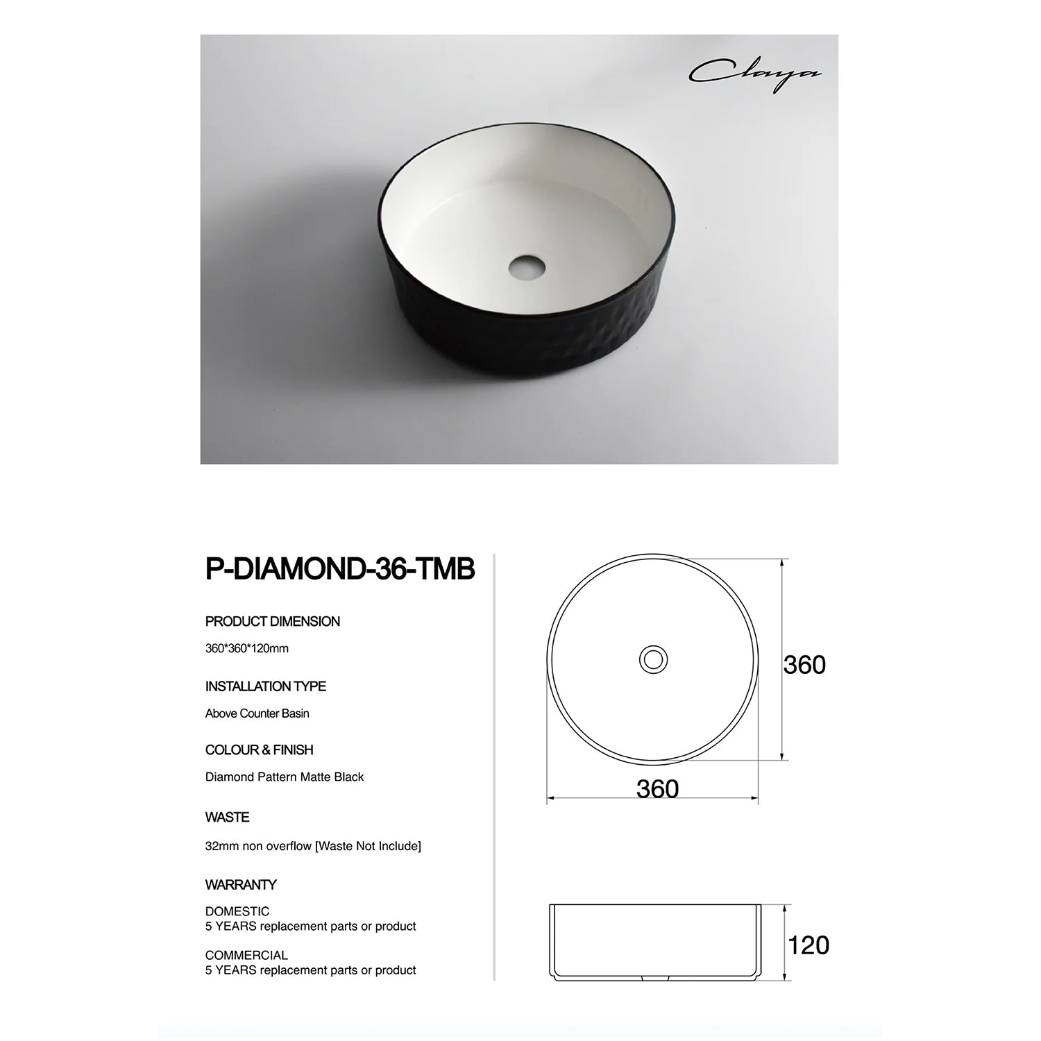 CLAYA Polar-36 diamond textured basin with matte black finish. 360mm round ceramic basin for modern bathroom spaces.-Basin Sink-Ezymall AU