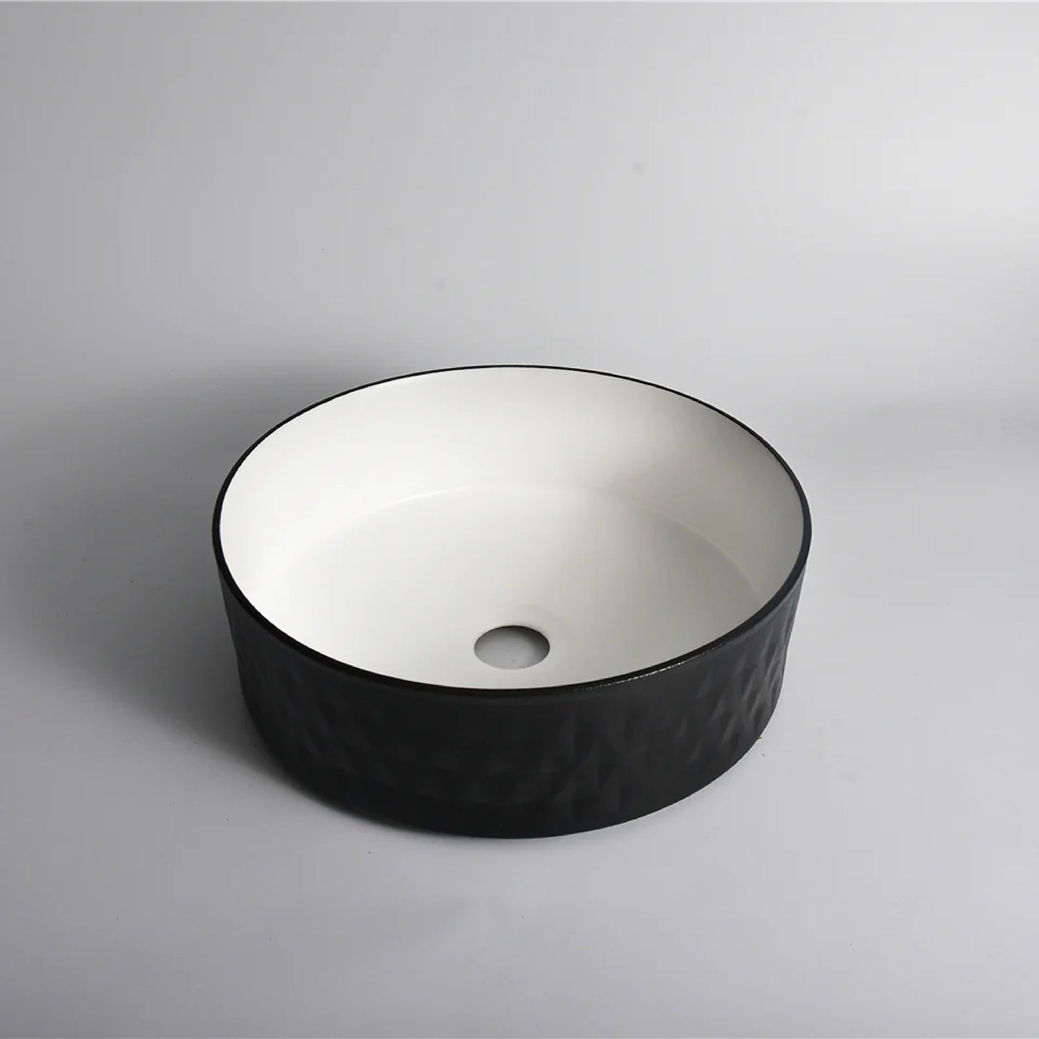 CLAYA Polar-36 diamond textured basin with matte black finish. 360mm round ceramic basin for modern bathroom spaces.-Basin Sink-Ezymall AU