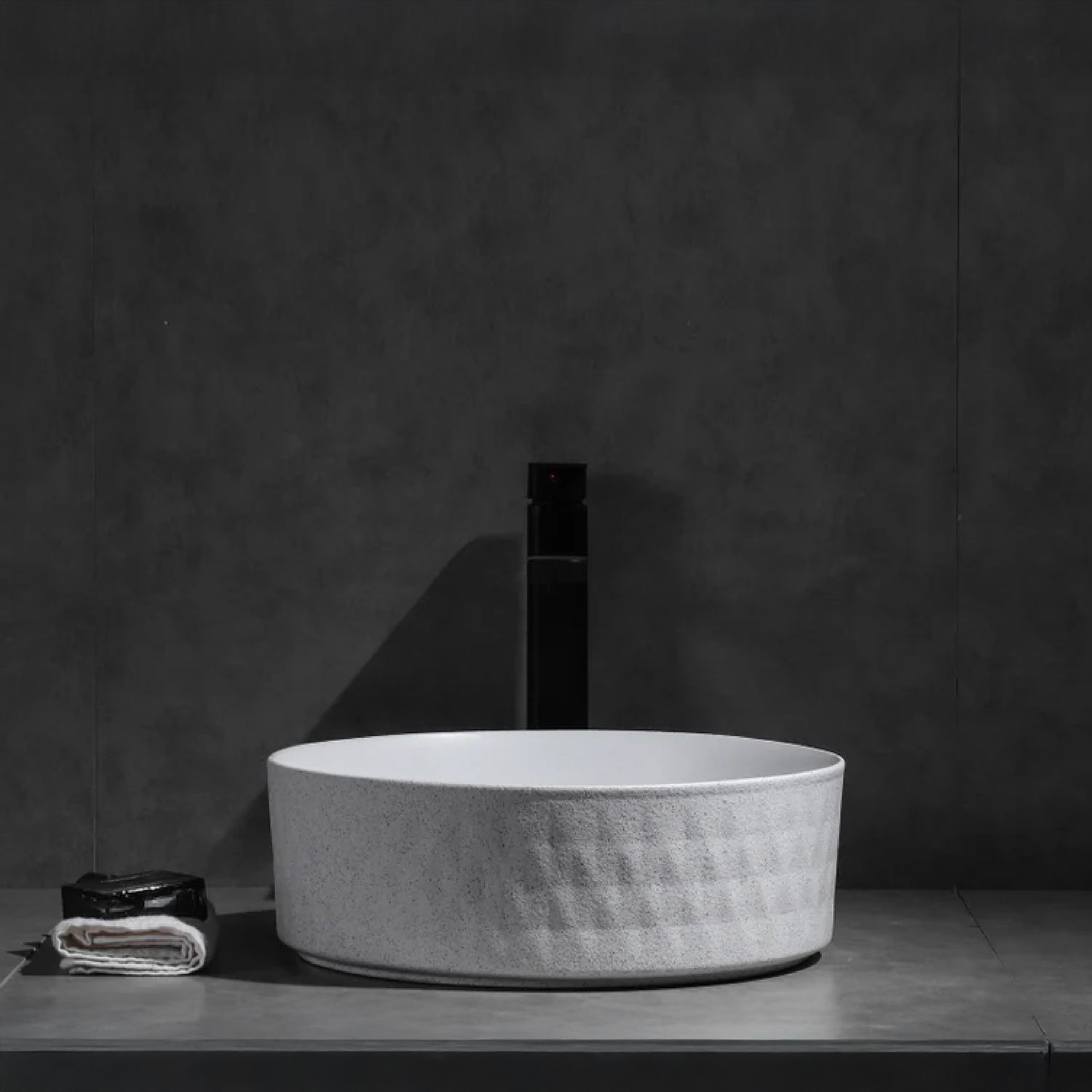 CLAYA Polar-36 diamond textured basin with matte white finish. 360mm round ceramic basin for modern bathroom spaces.-Basin Sink-Ezymall AU