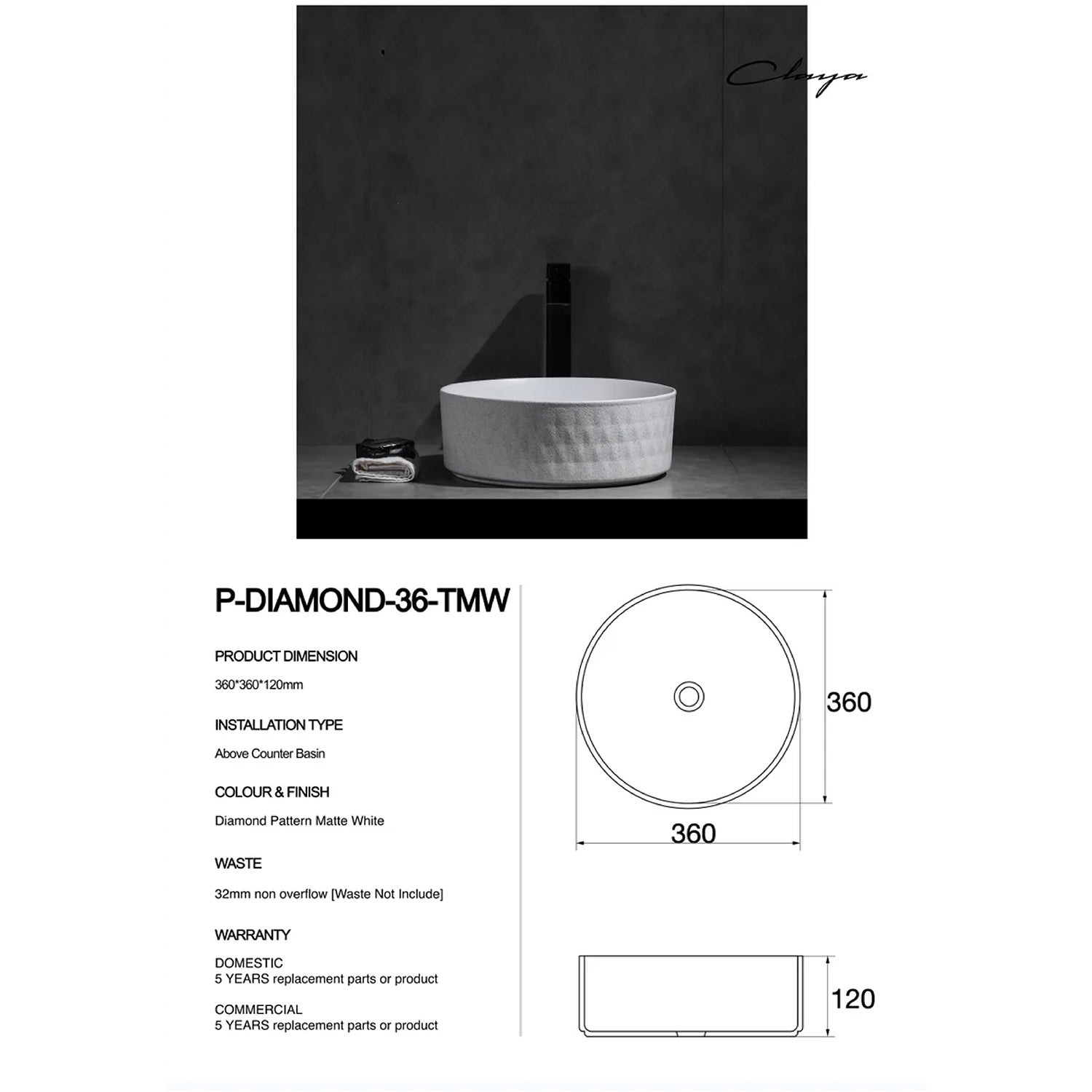 CLAYA Polar-36 diamond textured basin with matte white finish. 360mm round ceramic basin for modern bathroom spaces.-Basin Sink-Ezymall AU