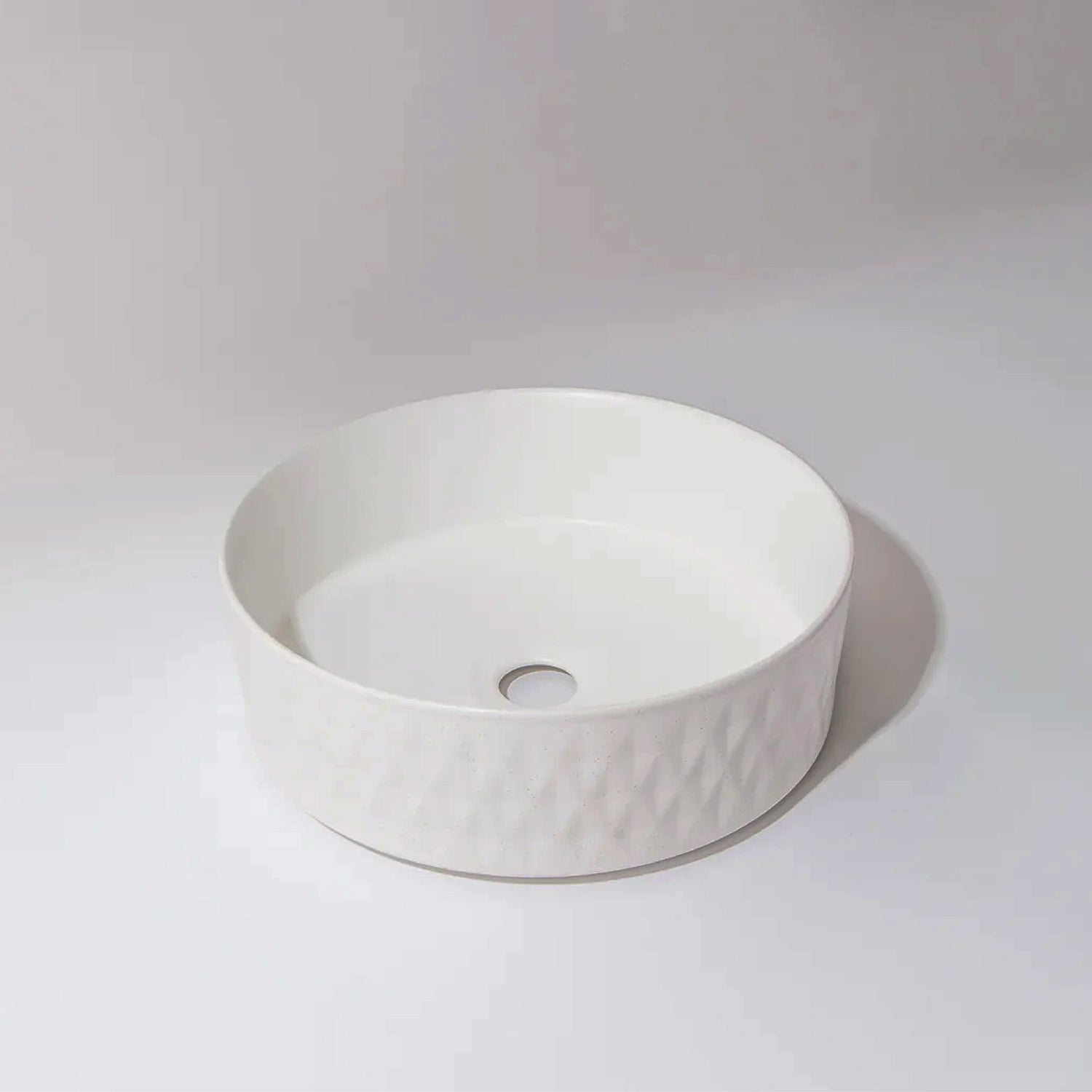 CLAYA Polar-36 diamond textured basin with matte white finish. 360mm round ceramic basin for modern bathroom spaces.-Basin Sink-Ezymall AU