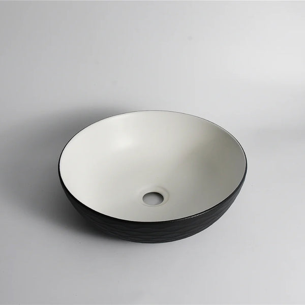 CLAYA Polar-Wavy-40 basin with textured matte black finish. 400mm round ceramic basin for modern bathroom spaces.-Basin Sink-Ezymall AU