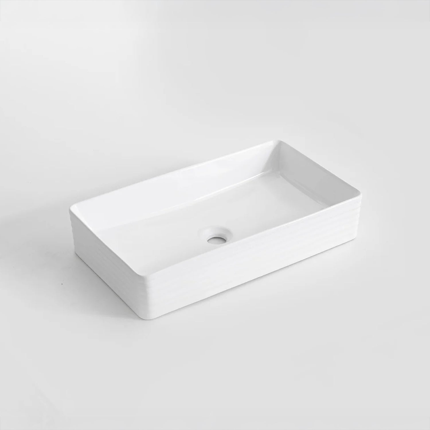 CLAYA RT-6034 fluted rectangle above counter basin in gloss white ceramic. 620mm basin for modern bathrooms.-Basin Sink-Ezymall AU