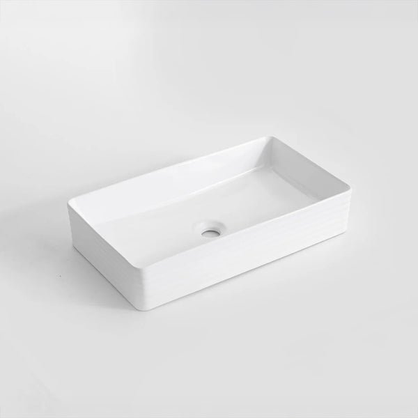 CLAYA RT-6034 fluted rectangle above counter basin in gloss white ceramic. 620mm basin for modern bathrooms.-Basin Sink-Ezymall AU
