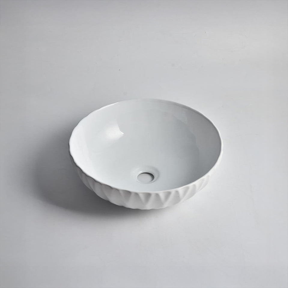 CLAYA Ruby-40 above counter basin in gloss white fine ceramic. Modern 395mm bathroom basin with non-overflow waste, ideal for stylish bathroom vanities.-Basin Sink-Ezymall AU