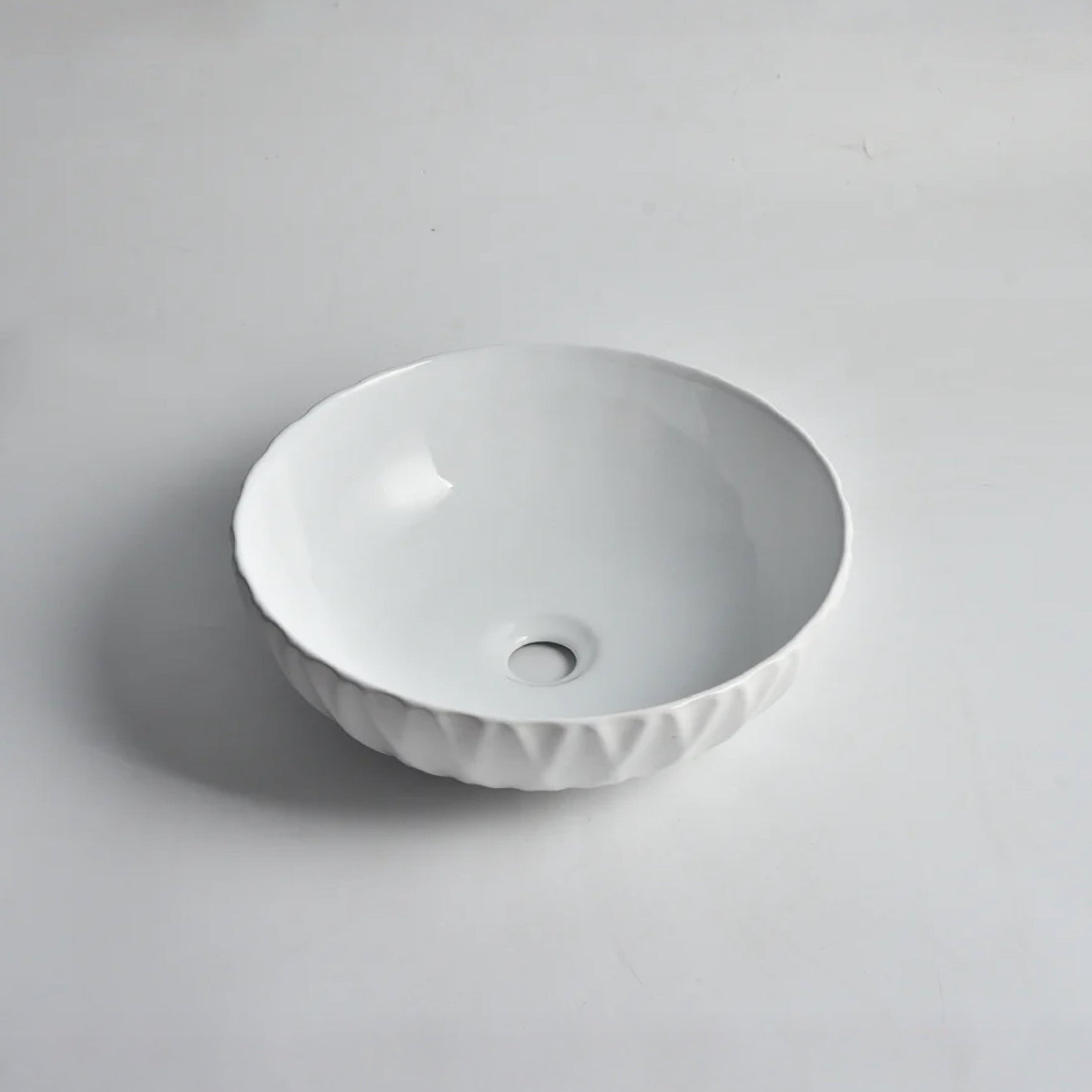 CLAYA Ruby-40 above counter basin in gloss white fine ceramic. Modern 395mm bathroom basin with non-overflow waste, ideal for stylish bathroom vanities.-Basin Sink-Ezymall AU