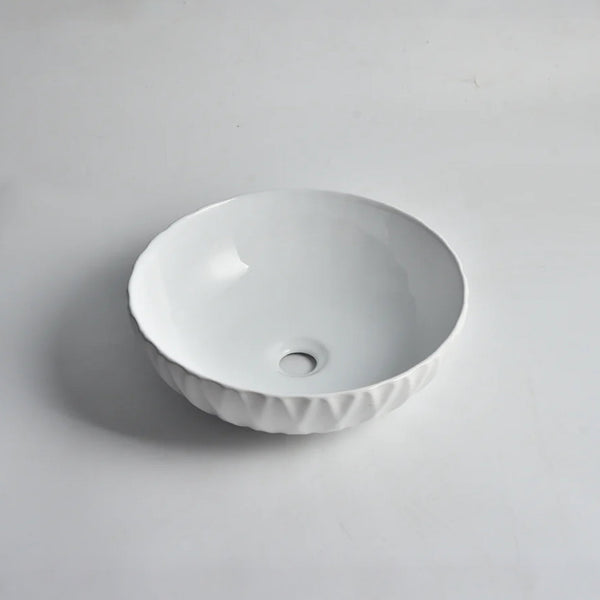 CLAYA Ruby-40 above counter basin in gloss white fine ceramic. Modern 395mm bathroom basin with non-overflow waste, ideal for stylish bathroom vanities.-Basin Sink-Ezymall AU