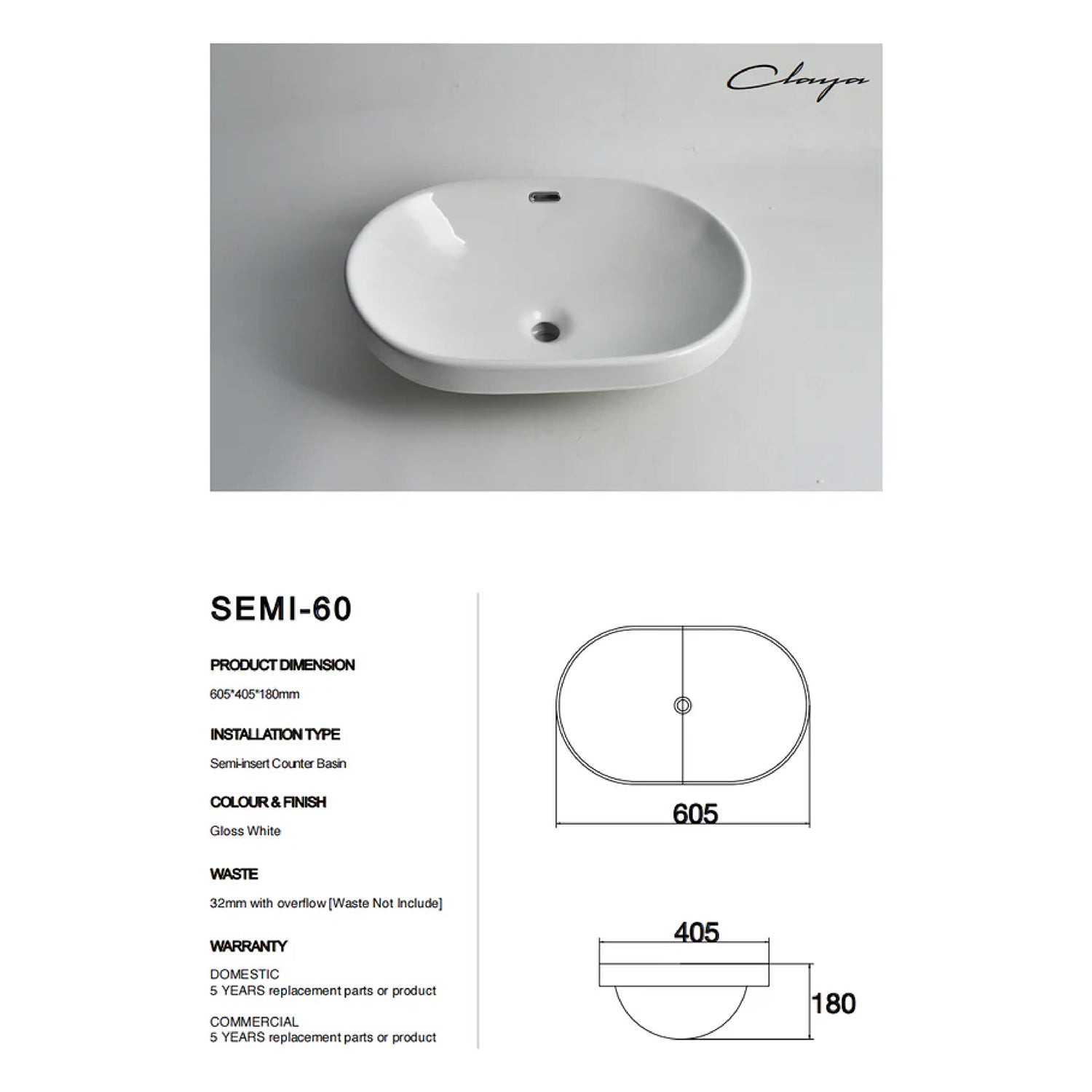 CLAYA SEMI-60 semi-inset basin in gloss white ceramic. 605mm oval basin ideal for modern and family bathroom vanities.-Basin Sink-Ezymall AU