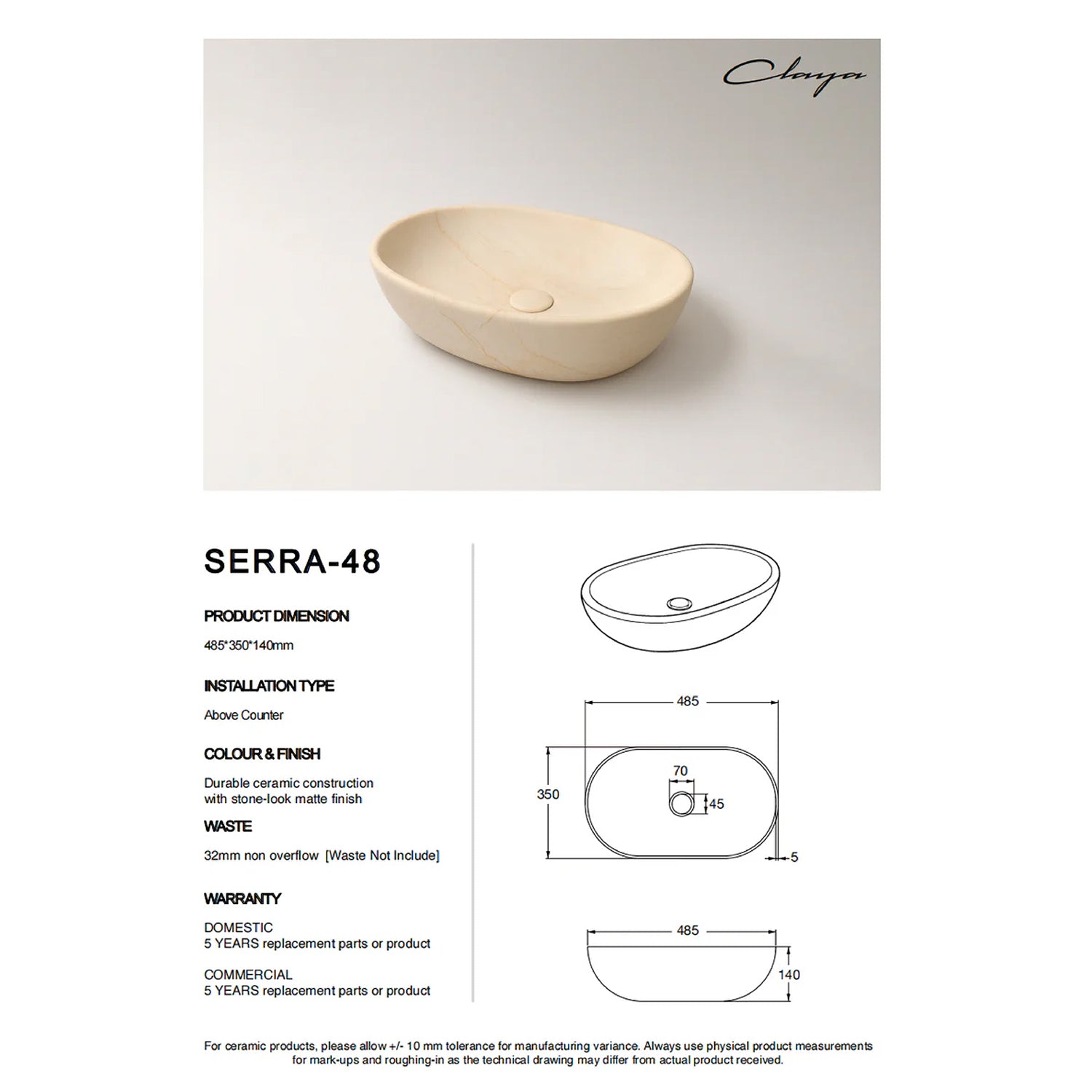 CLAYA Serra-48 above counter basin with matte stone marble look finish. 485mm oval ceramic basin for modern bathroom vanities.-Basin Sink-Ezymall AU