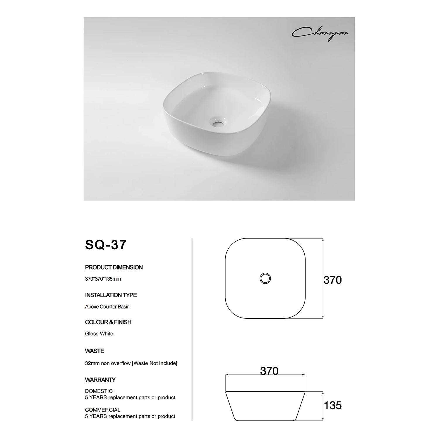 CLAYA SQ-37 above counter basin in gloss white ceramic. 370mm square basin with no overflow, ideal for modern bathroom vanities.-Basin Sink-Ezymall AU