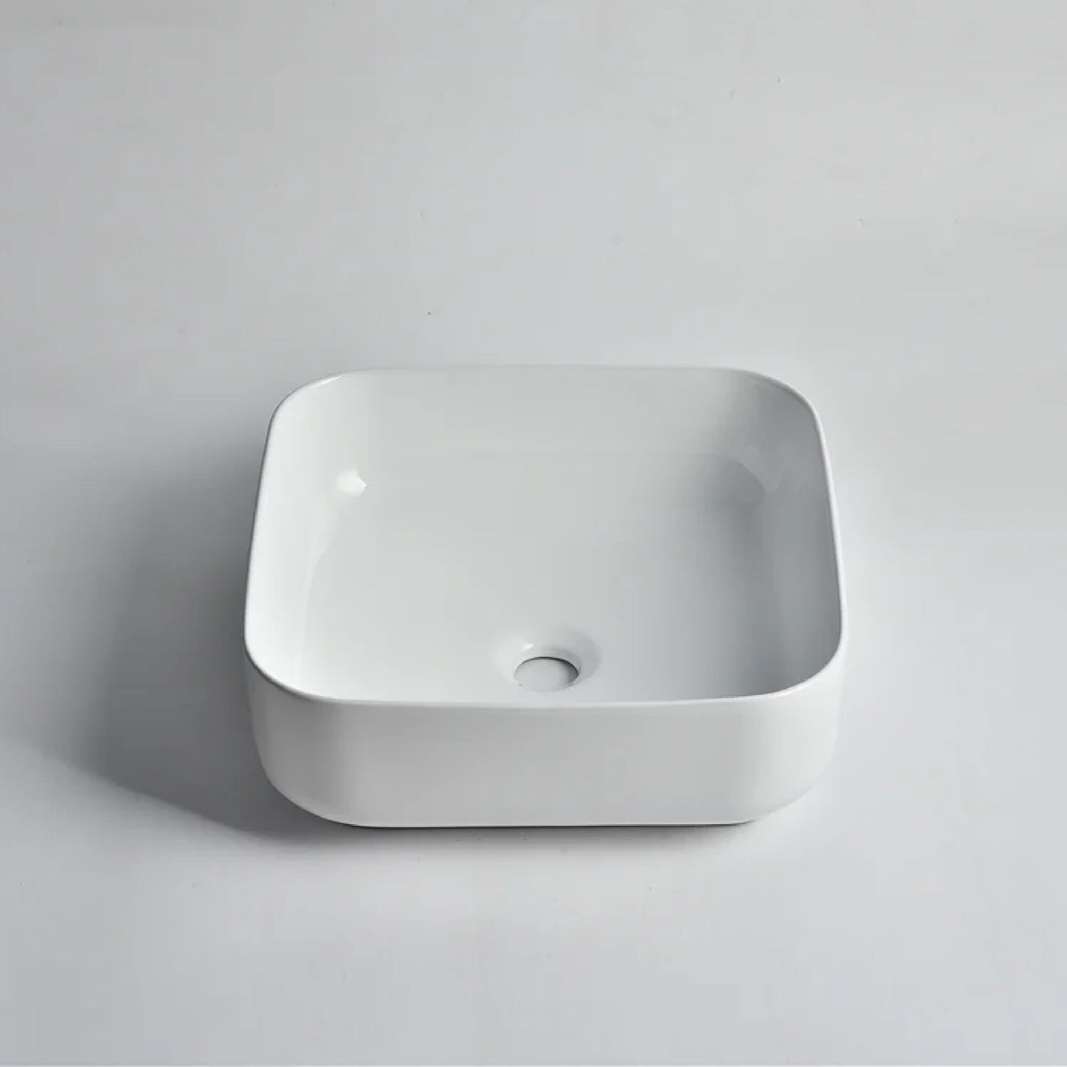 CLAYA SQ-385 above counter basin in gloss white ceramic. 380mm square basin with non-overflow waste for modern bathroom vanities.-Basin Sink-Ezymall AU
