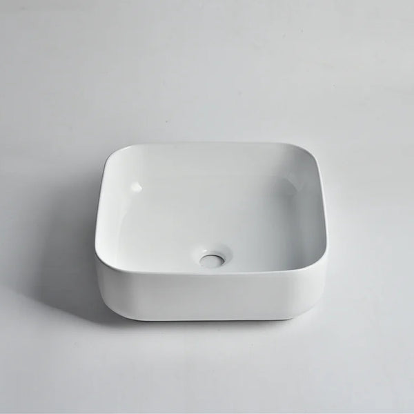 CLAYA SQ-385 above counter basin in gloss white ceramic. 380mm square basin with non-overflow waste for modern bathroom vanities.-Basin Sink-Ezymall AU