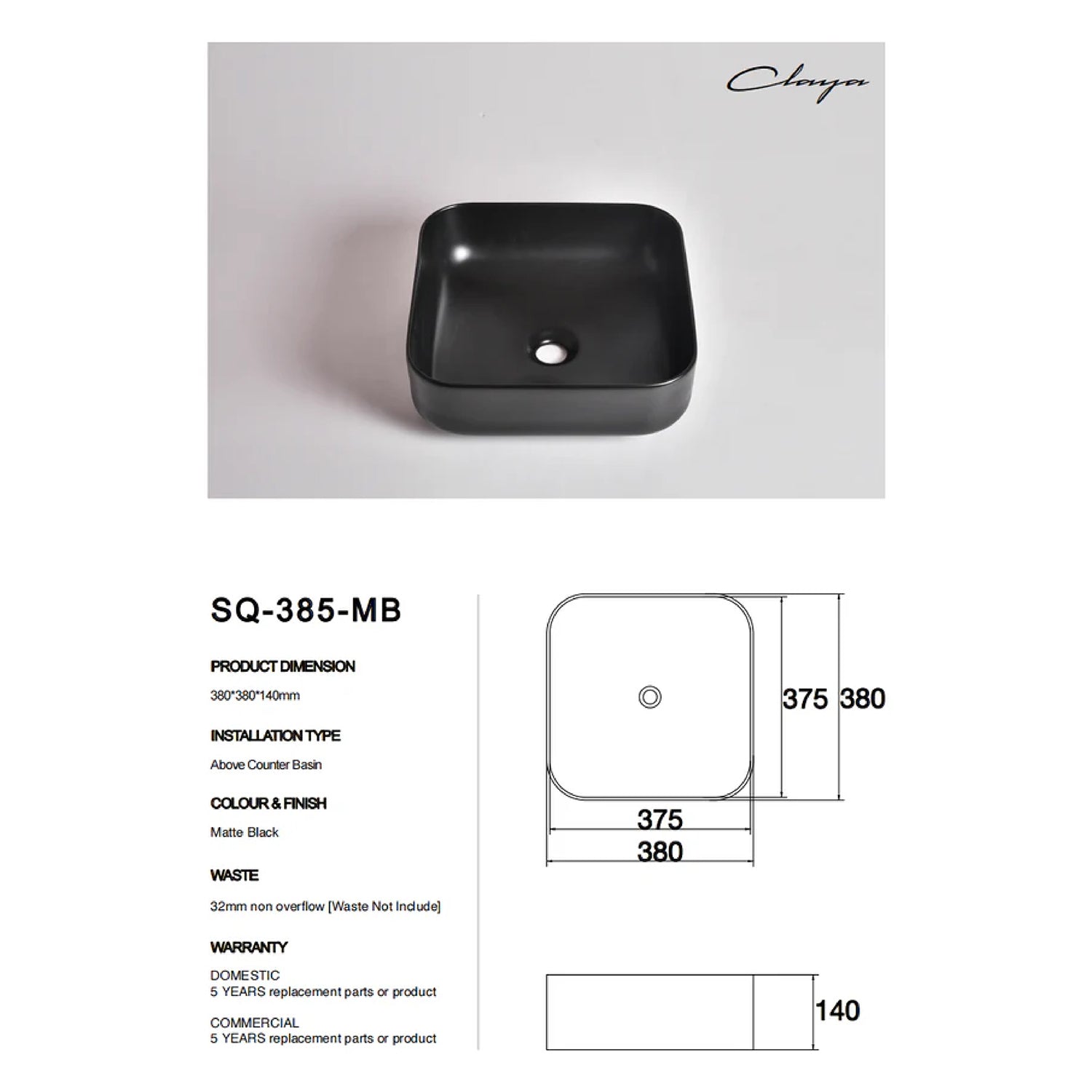 CLAYA SQ-385 matte black above counter basin made from fine ceramic. 380mm square basin with non-overflow waste for modern bathrooms.-Basin Sink-Ezymall AU