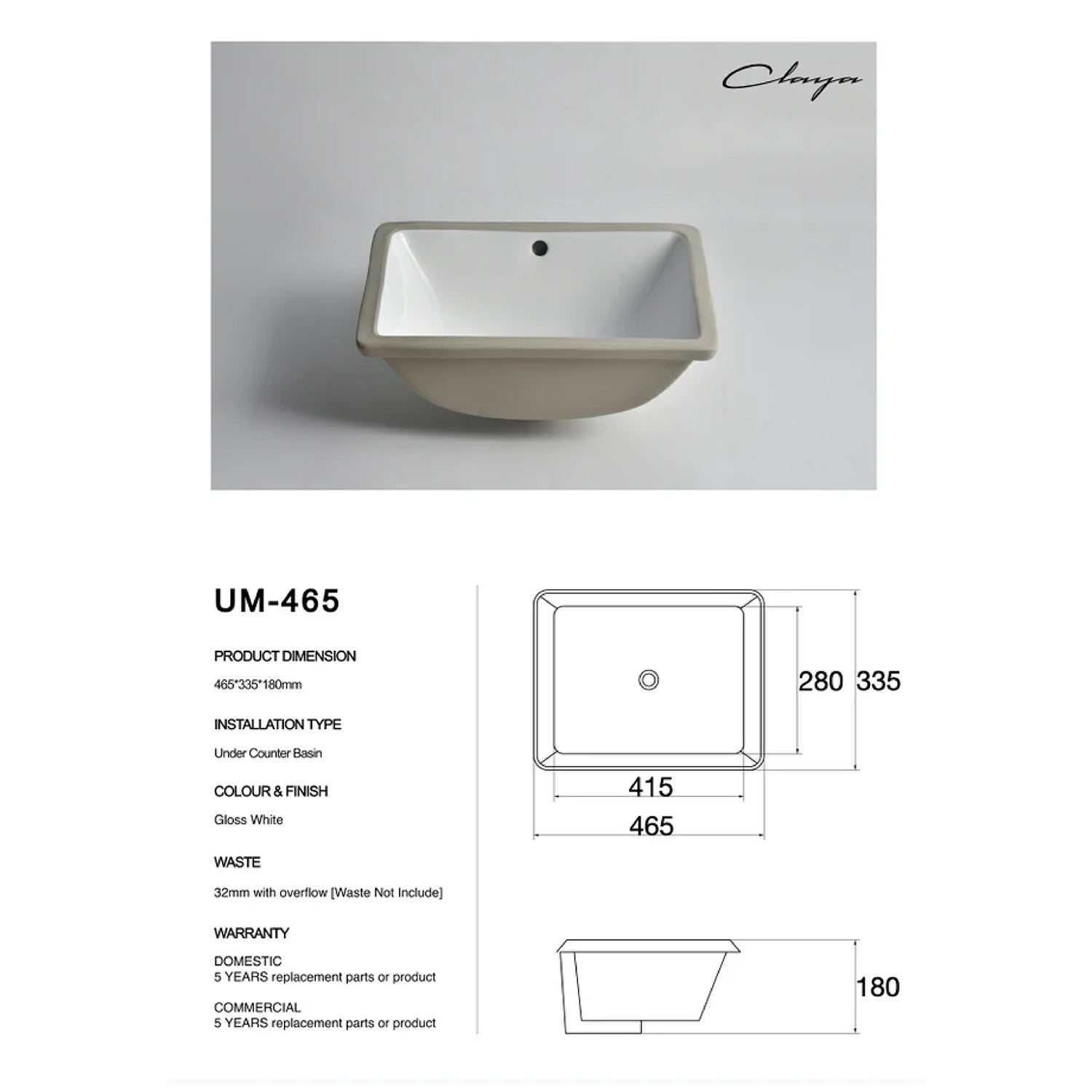 CLAYA UM-465 under counter basin in gloss white ceramic. 465mm undermount basin with overflow for modern bathroom vanities.-Basin Sink-Ezymall AU