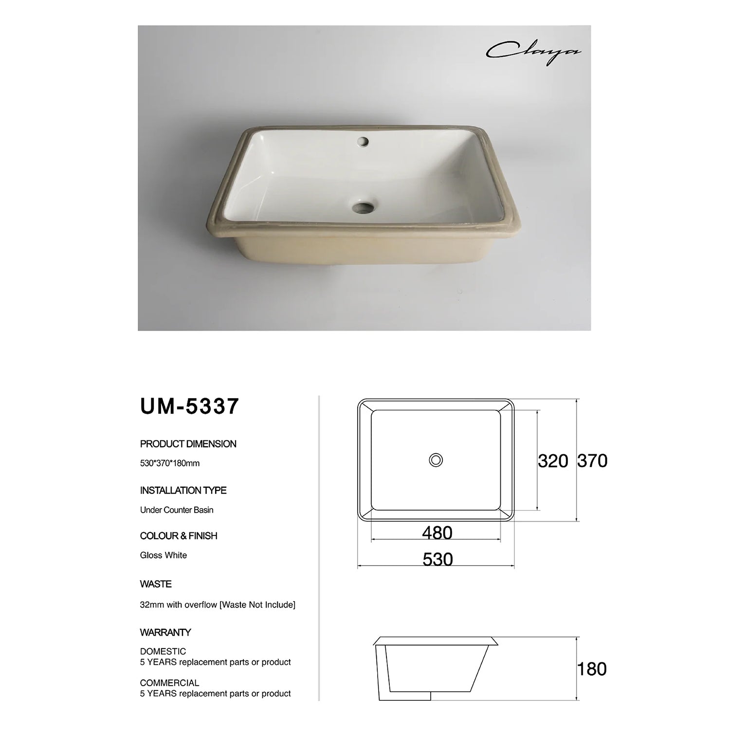 CLAYA UM-5337 under counter basin in gloss white ceramic. 530mm undermount basin with overflow for modern bathroom vanities.-Basin Sink-Ezymall AU
