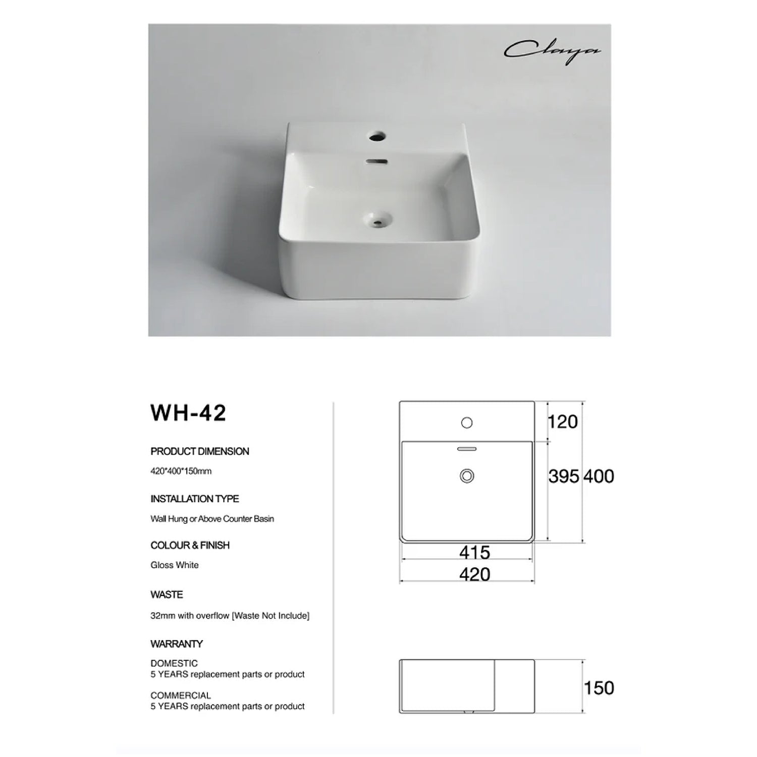 CLAYA WH-42 basin in gloss white ceramic. 420mm basin suitable for wall hung or above counter installation with overflow design.-Basin Sink-Ezymall AU