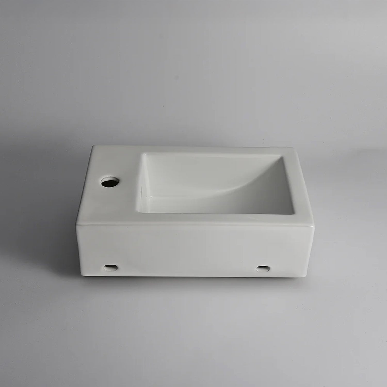 CLAYA WH-46-R basin in gloss white ceramic. 460mm wall hung or above counter basin with right tap hole and overflow, ideal for compact bathrooms.-Basin Sink-Ezymall AU