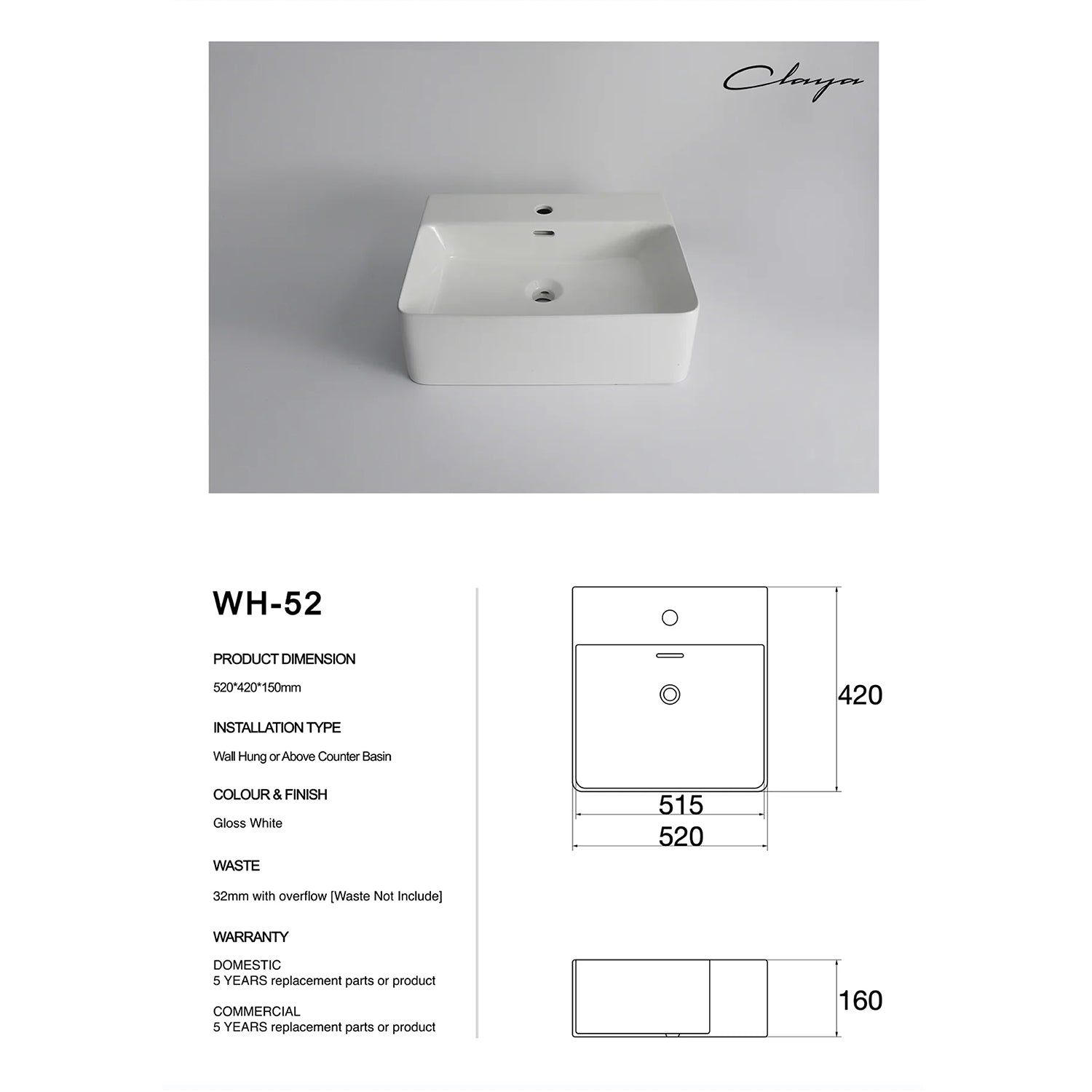 CLAYA WH-52 basin in gloss white ceramic. 520mm basin for wall hung or above counter installation with overflow, ideal for modern bathrooms.-Basin Sink-Ezymall AU