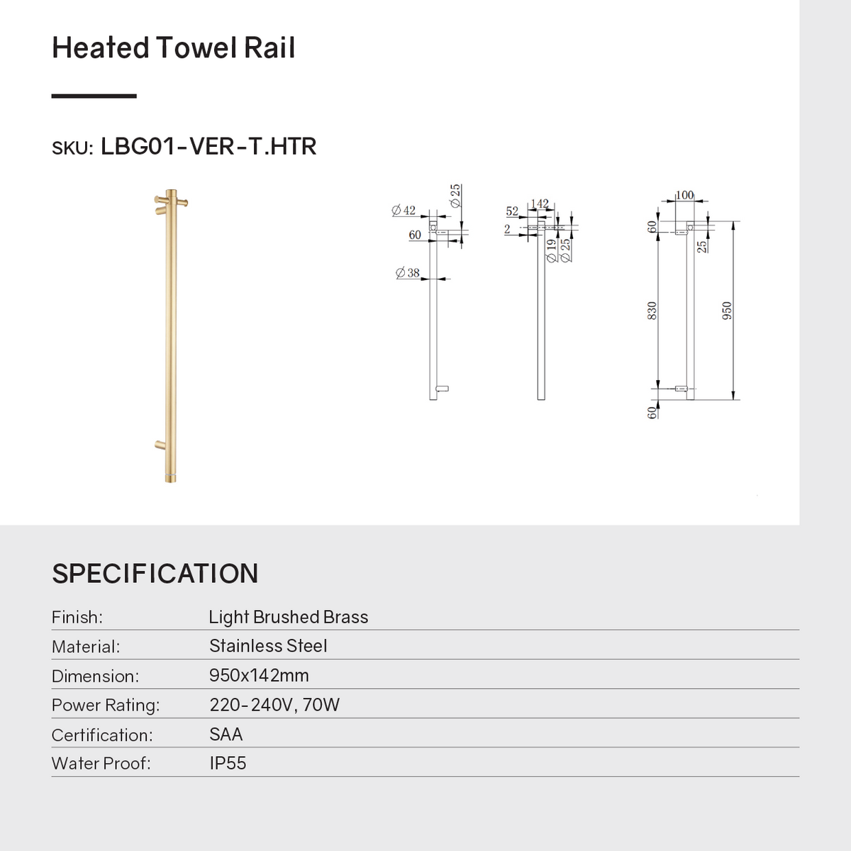Specifications and dimensions for light brushed brass vertical heated towel rail with timer