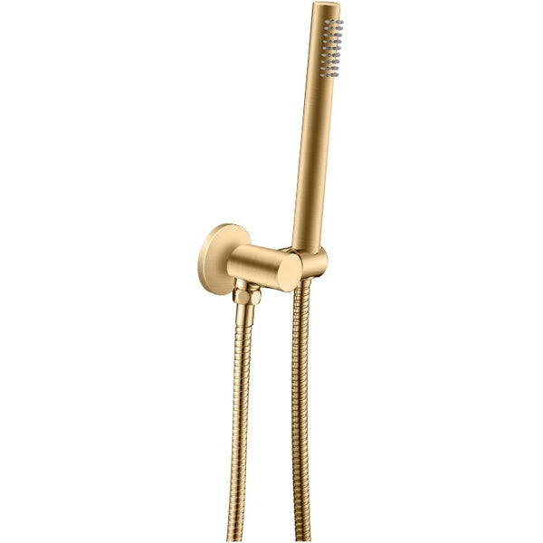 Upgrade your shower with this fixed round shower rail set. Featuring a handheld shower head, stainless steel rail, and solid brass components in brushed brass gold.-Shower Station-Ezymall AU