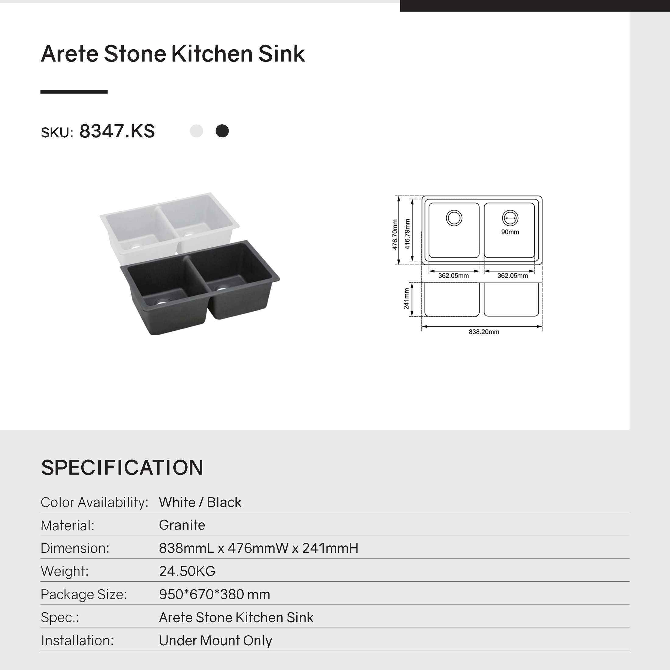 The Granite Arete Stone Double Bowl Kitchen Sink (838x476x241mm) in White is durable and stylish. Upgrade your kitchen today! Fast shipping across Australia.-Kitchen Sink-Ezymall AU