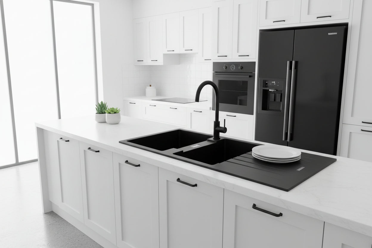 The Granite Arete Stone Double Bowl Kitchen Sink features a drain board and measures 1160x500x200mm. Its black finish adds a touch of elegance to your kitchen. Durable and functional.-Kitchen Sink-Ezymall AU