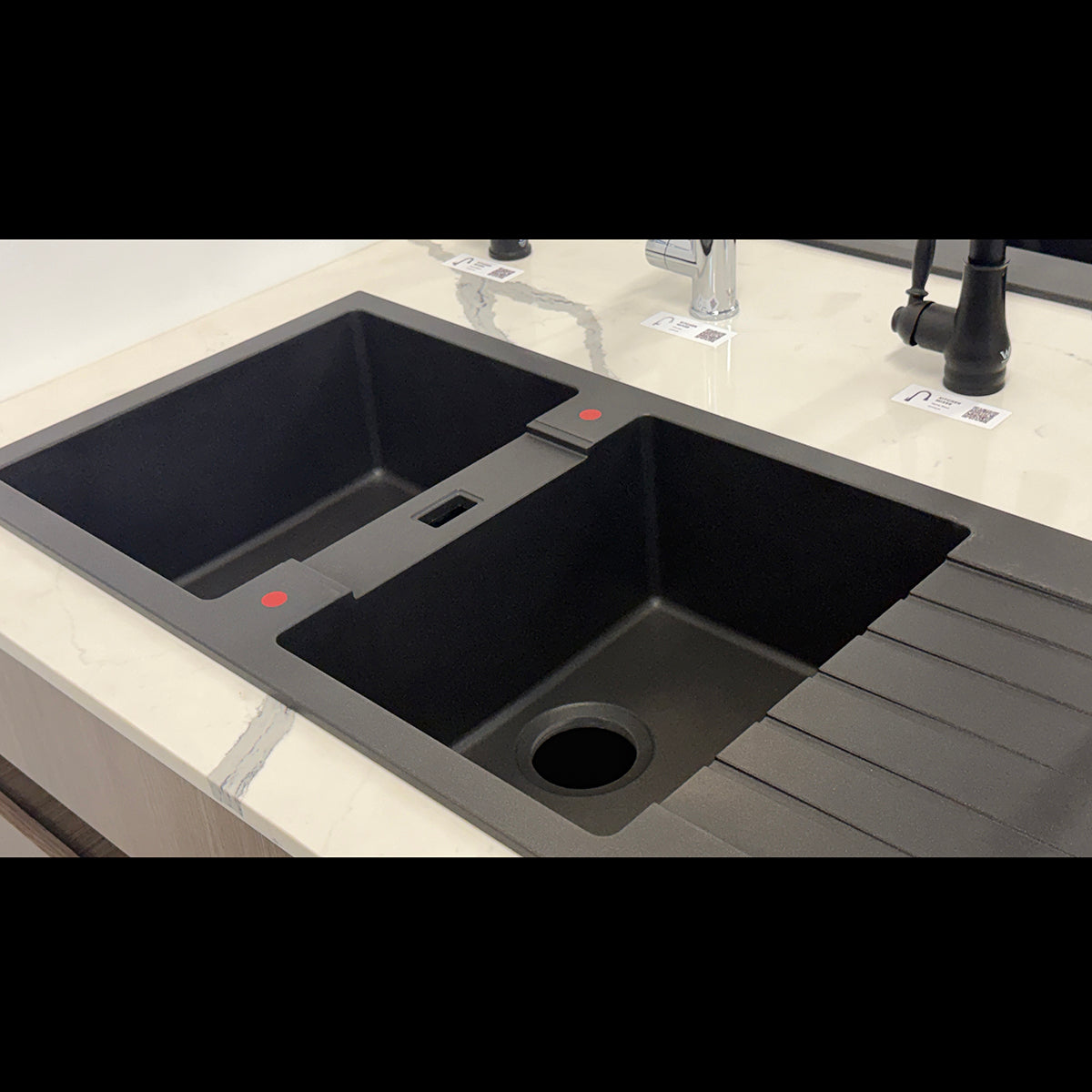 The Granite Arete Stone Double Bowl Kitchen Sink features a drain board and measures 1160x500x200mm. Its black finish adds a touch of elegance to your kitchen. Durable and functional.-Kitchen Sink-Ezymall AU