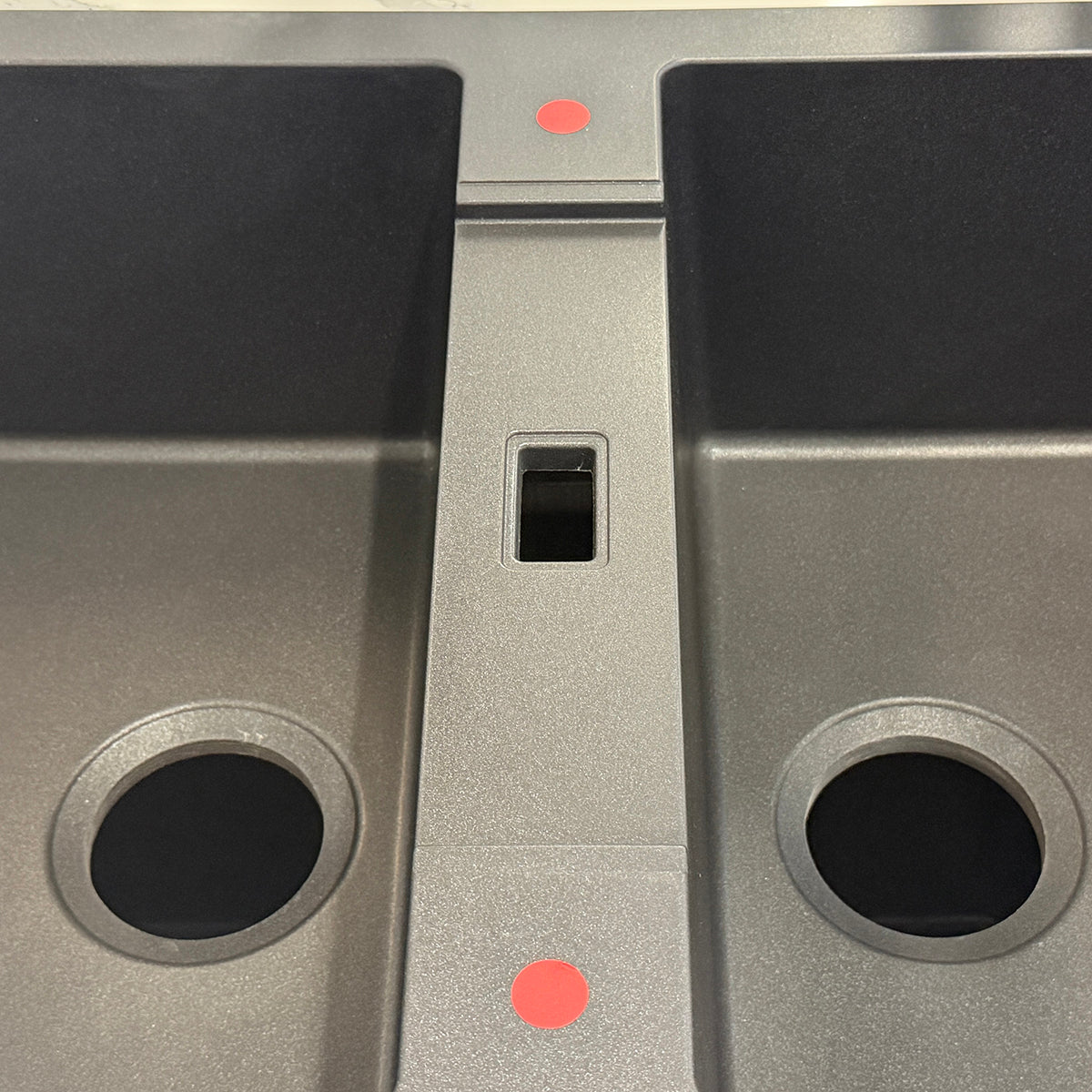 Close-up of black granite kitchen sink bowls and tap position- The Granite Arete Stone Double Bowl Kitchen Sink features a drain board and measures 1160x500x200mm. Its black finish adds a touch of elegance to your kitchen. Durable and functional.-Kitchen Sink-Ezymall AU